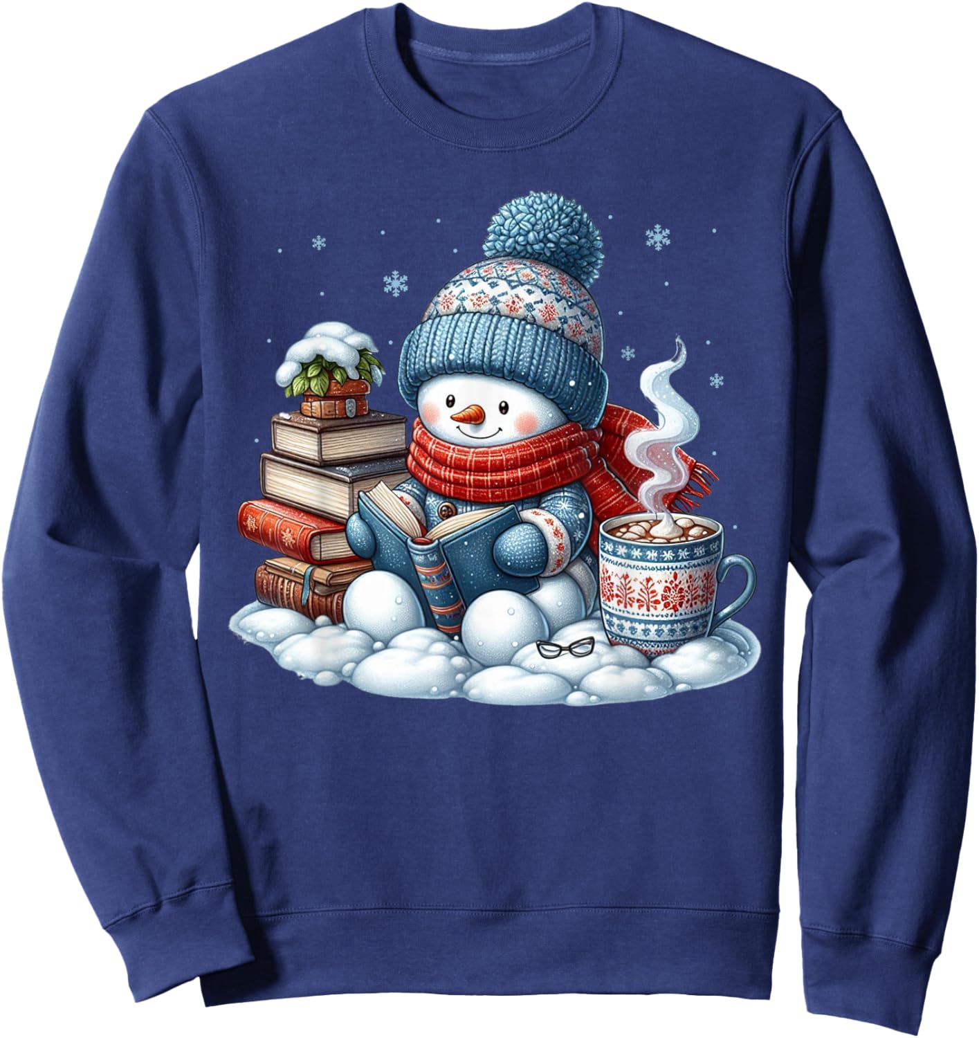 Snowman Reading Books Lovers Librarian Bookworm Christmas Sweatshirt - Sweatshirt | Navy