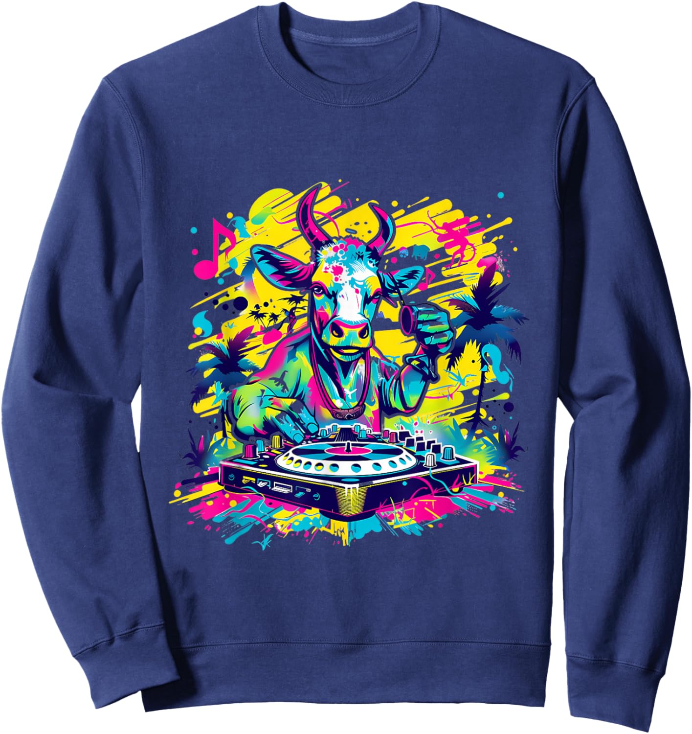 Cow DJ Tropical Colourful Turntable DJ Cow EDM Cow Lover Sweatshirt - Sweatshirt | Navy