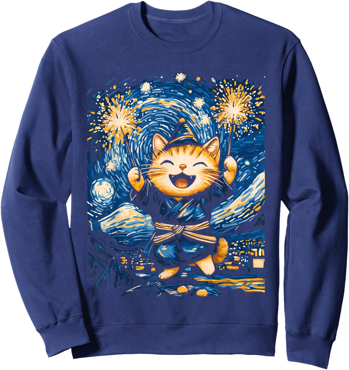 New Year Cat Starry Night Art for Cat Lovers Sweatshirt - Sweatshirt | Navy