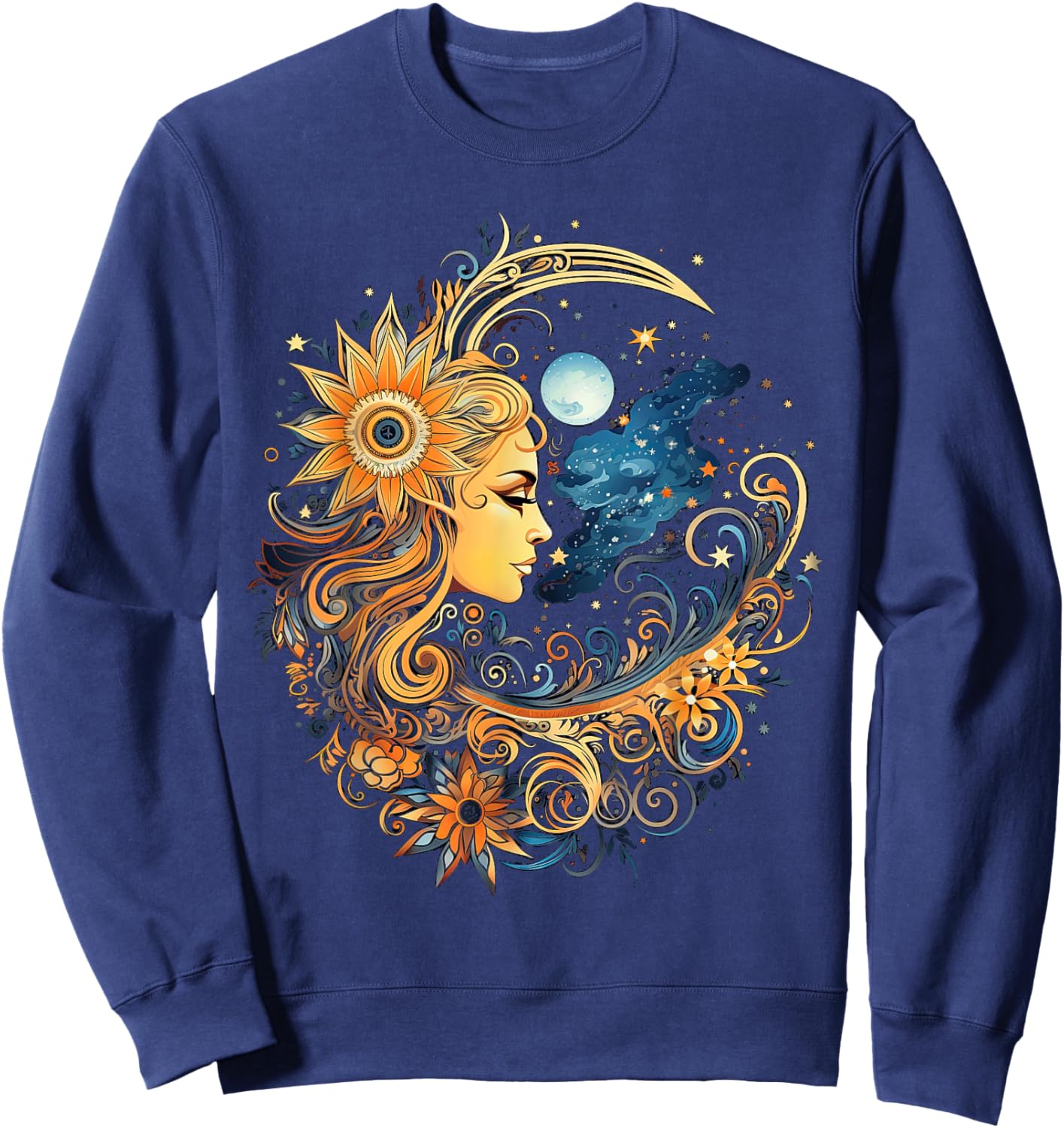 Mystic Sun and Moon Woman Mystical Flowers Aesthetic Sweatshirt - Sweatshirt | Navy
