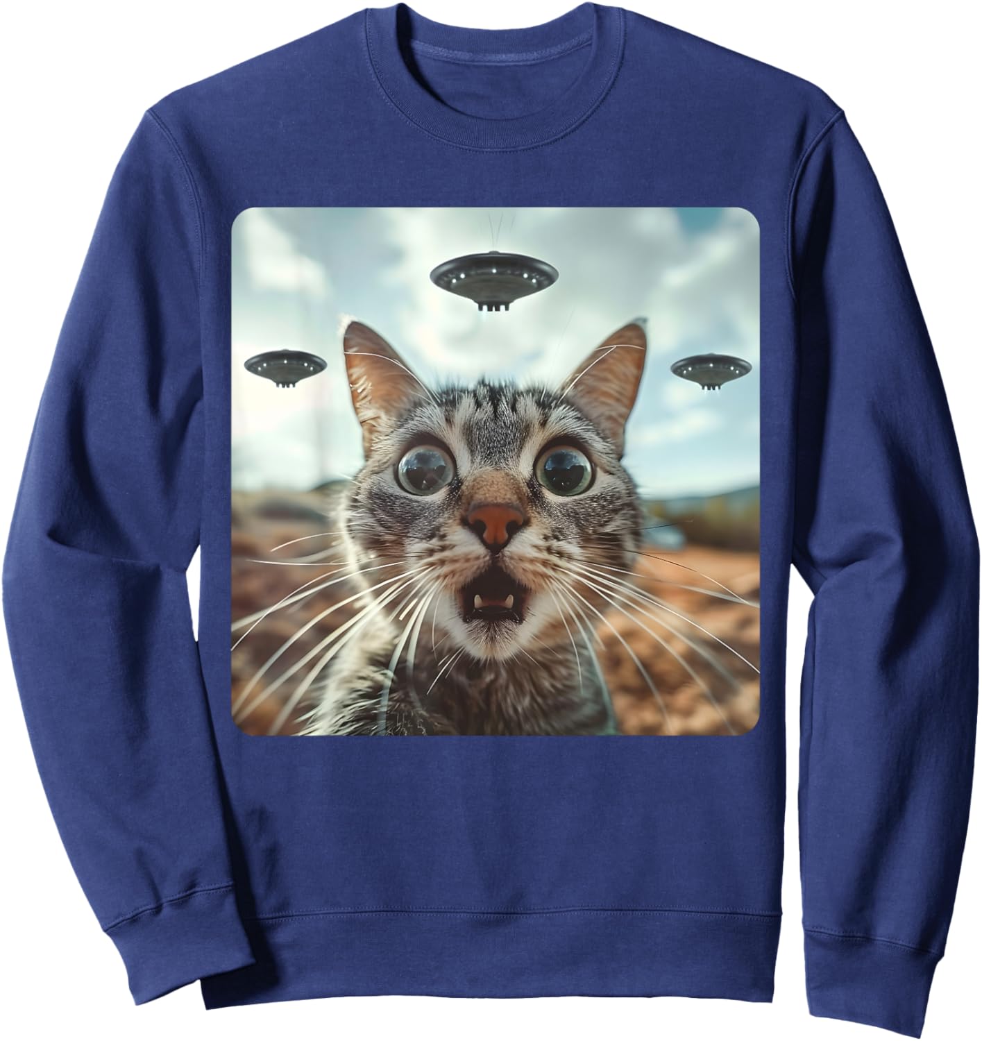 Extraterrestrial Encounter: Cat Selfie with Alien UFO Sweatshirt - Sweatshirt | Navy