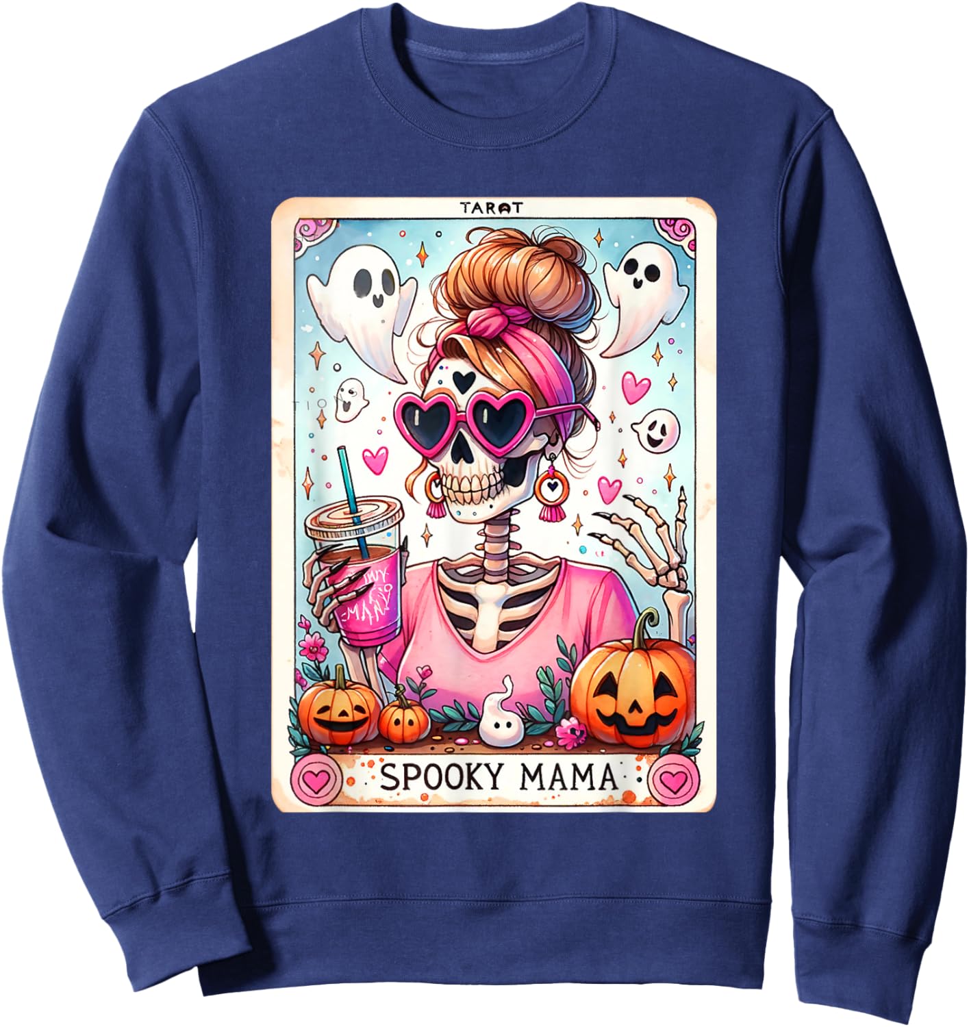 Spooky Mama Tarot Card Skeleton Mom Jack O Lantern Halloween Sweatshirt - Sweatshirt | Navy