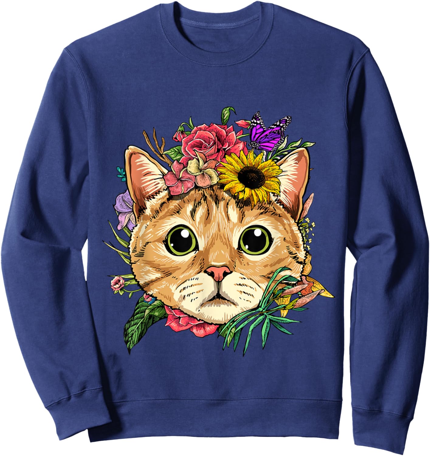 Floral Cat Spring Nature Cat Lovers Sweatshirt - Sweatshirt | Navy