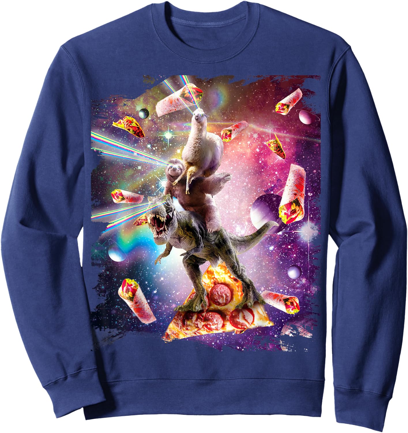 Laser Eyes Space Llama On Sloth Dinosaur - Rainbow Sweatshirt - Sweatshirt | Navy