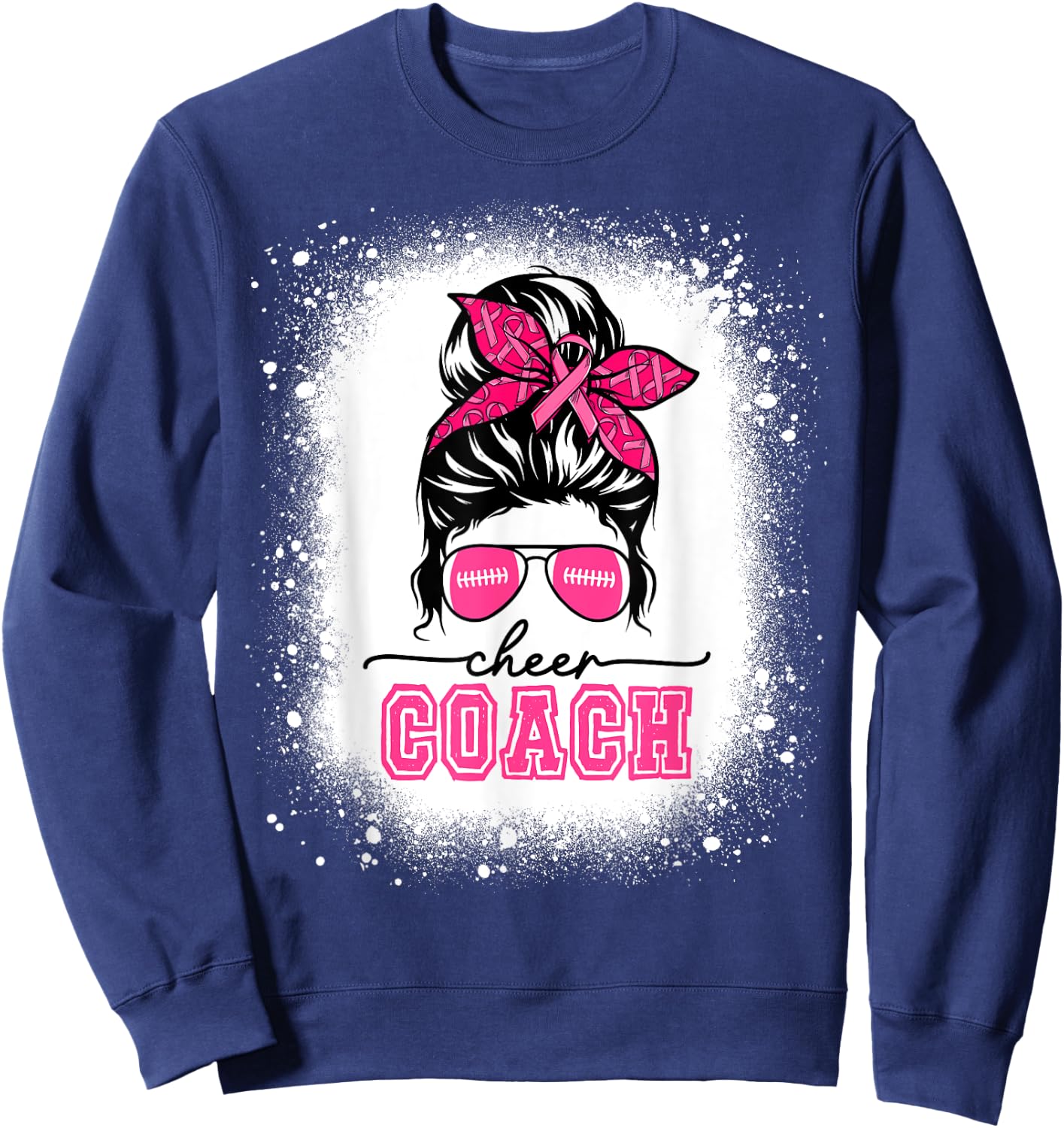 Football Messy Bun Mom Cheer Coach Breast Cancer Bleached Sweatshirt - Sweatshirt | Navy