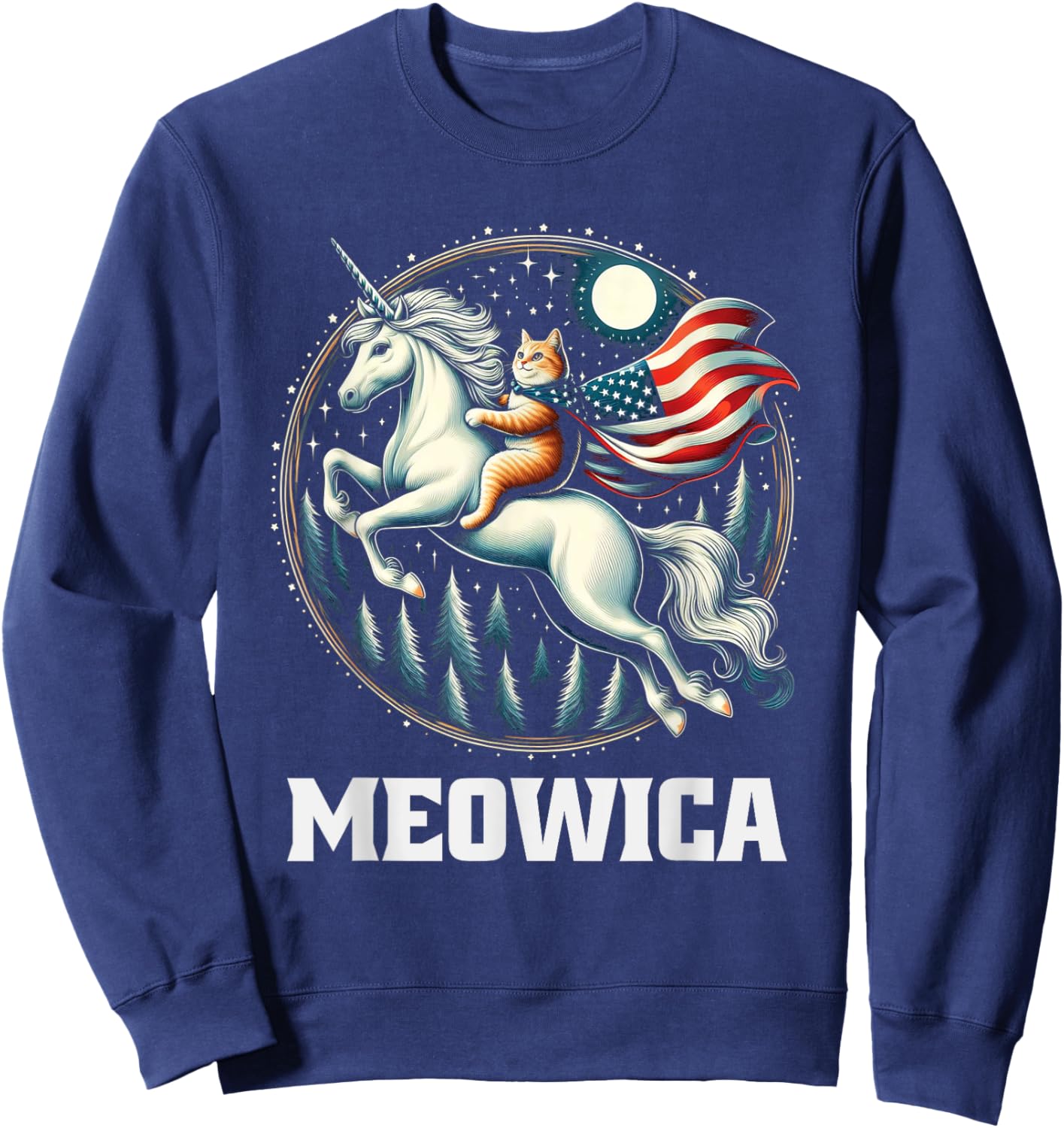 Meowica Cat Riding Unicorn USA Flag 4th Of July Patriotic Sweatshirt - Sweatshirt | Navy