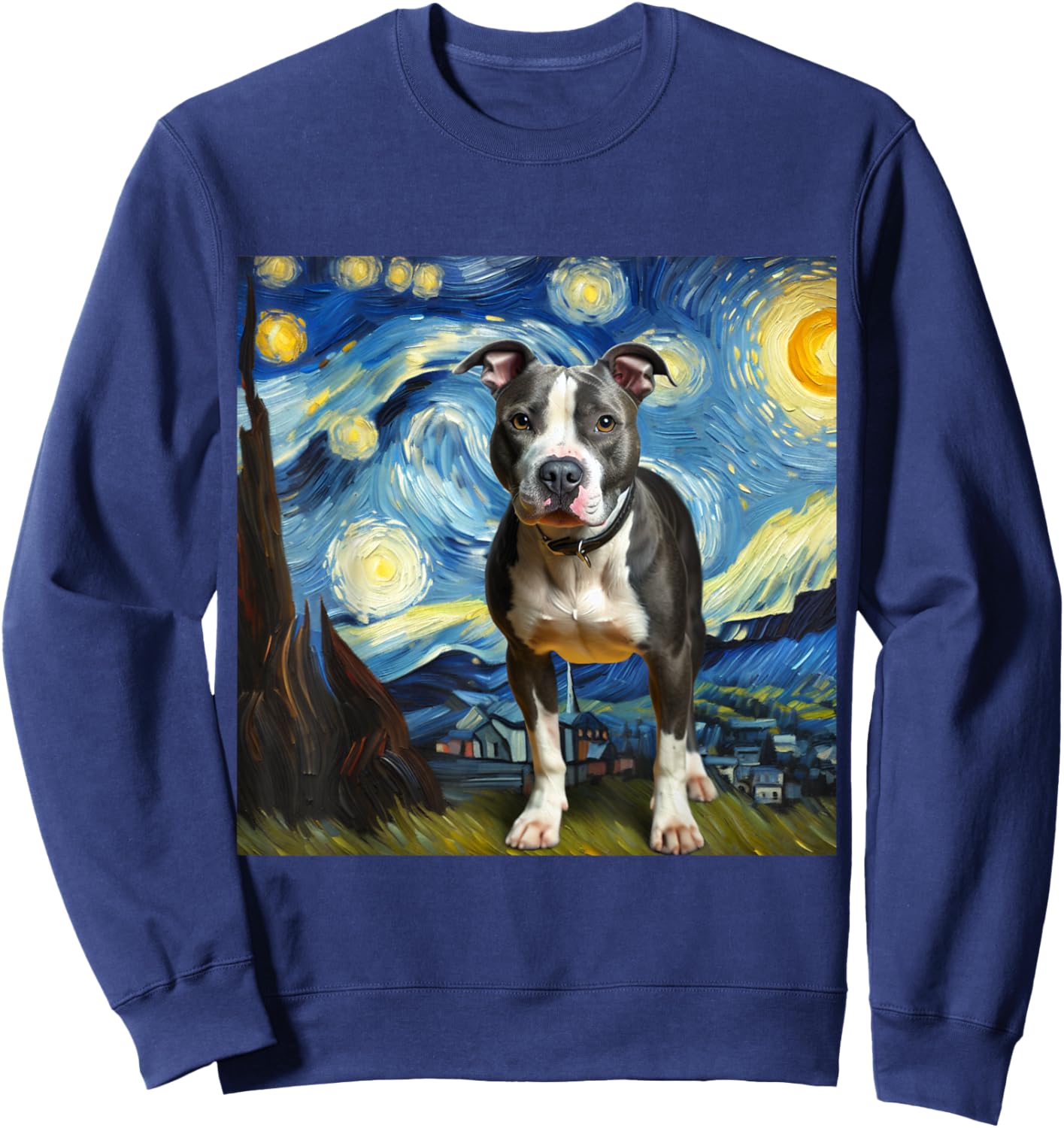 Pitbull Animal Funny Pit Bull Starry Night Van Gogh Style Sweatshirt - Sweatshirt | Navy