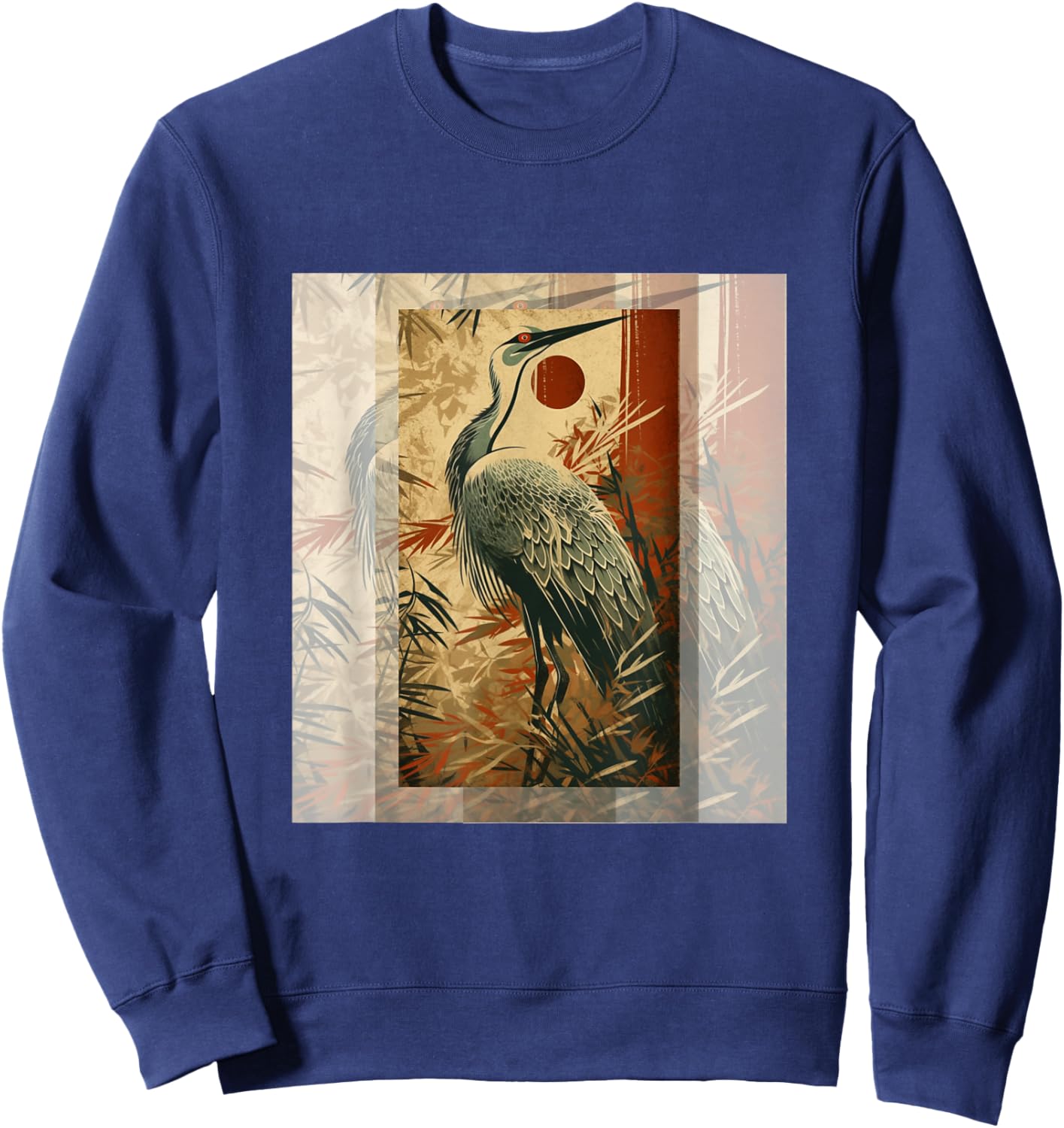Vintage Japanese Fine Art Crane Bamboo and Iris Japan Sweatshirt - Sweatshirt | Navy