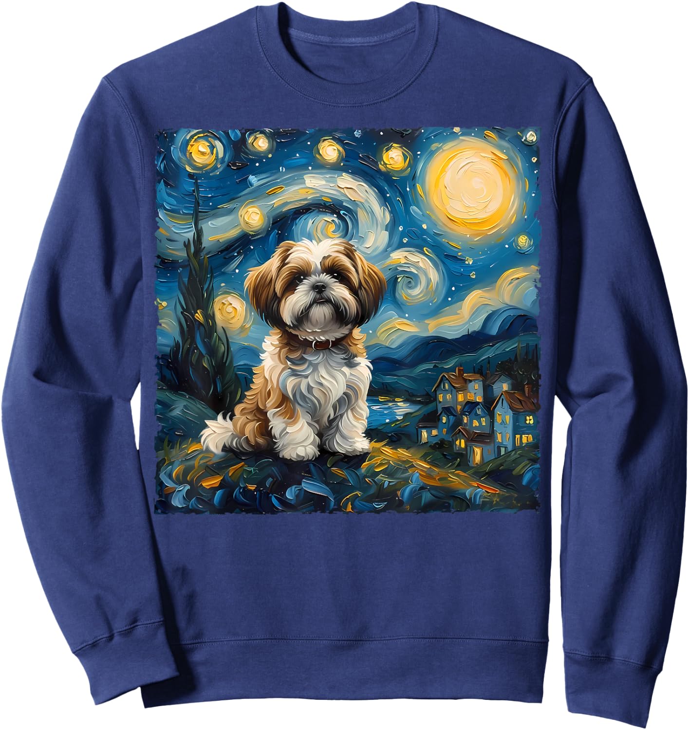 Shih Tzu Dog Lovers The Starry Night Van Gogh Style Painting Sweatshirt - Sweatshirt | Navy