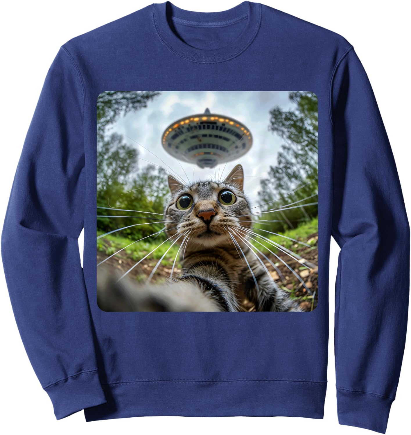 Extraterrestrial Encounter: Cat Selfie with Alien UFO Men Women Kids Sweatshirt - Sweatshirt | Navy