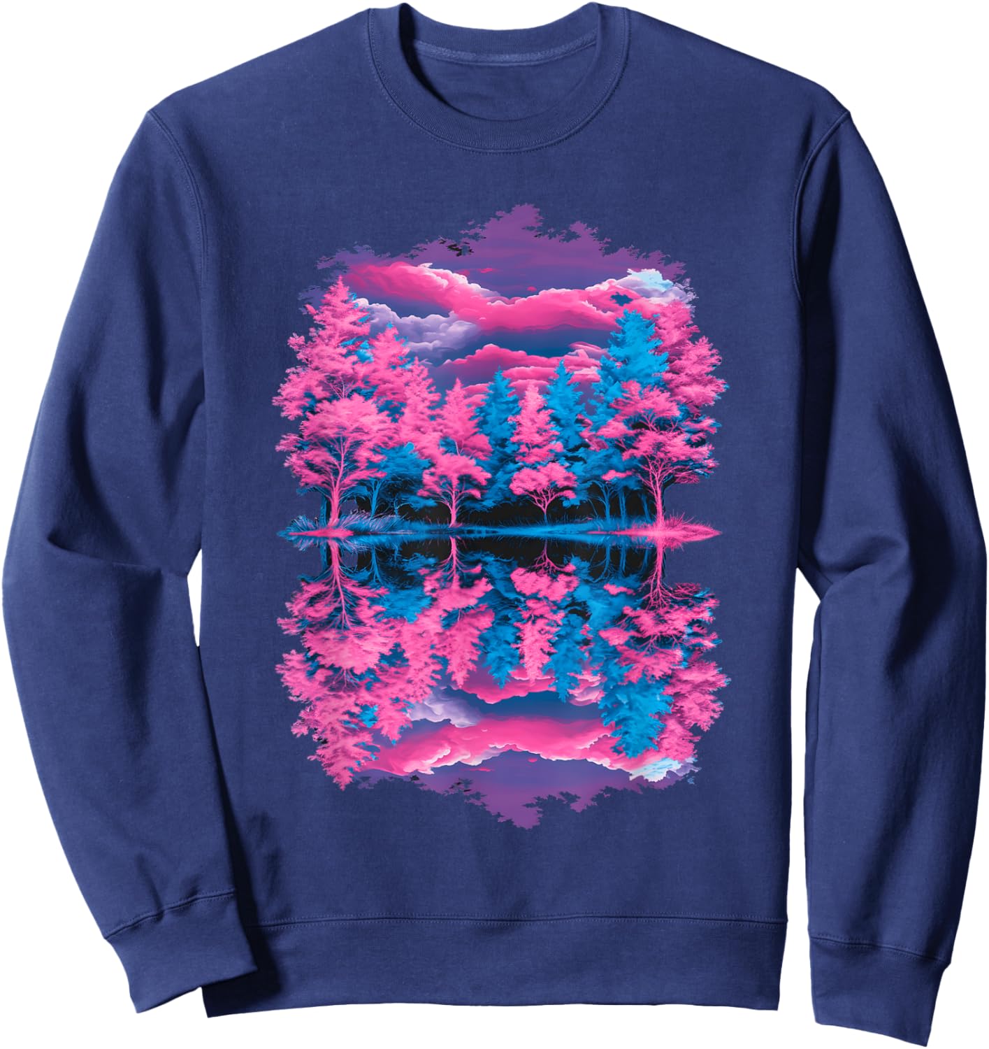 Pink Blue Vaporwave Retro Trees Reflection Serene Lake Art Sweatshirt - Sweatshirt | Navy