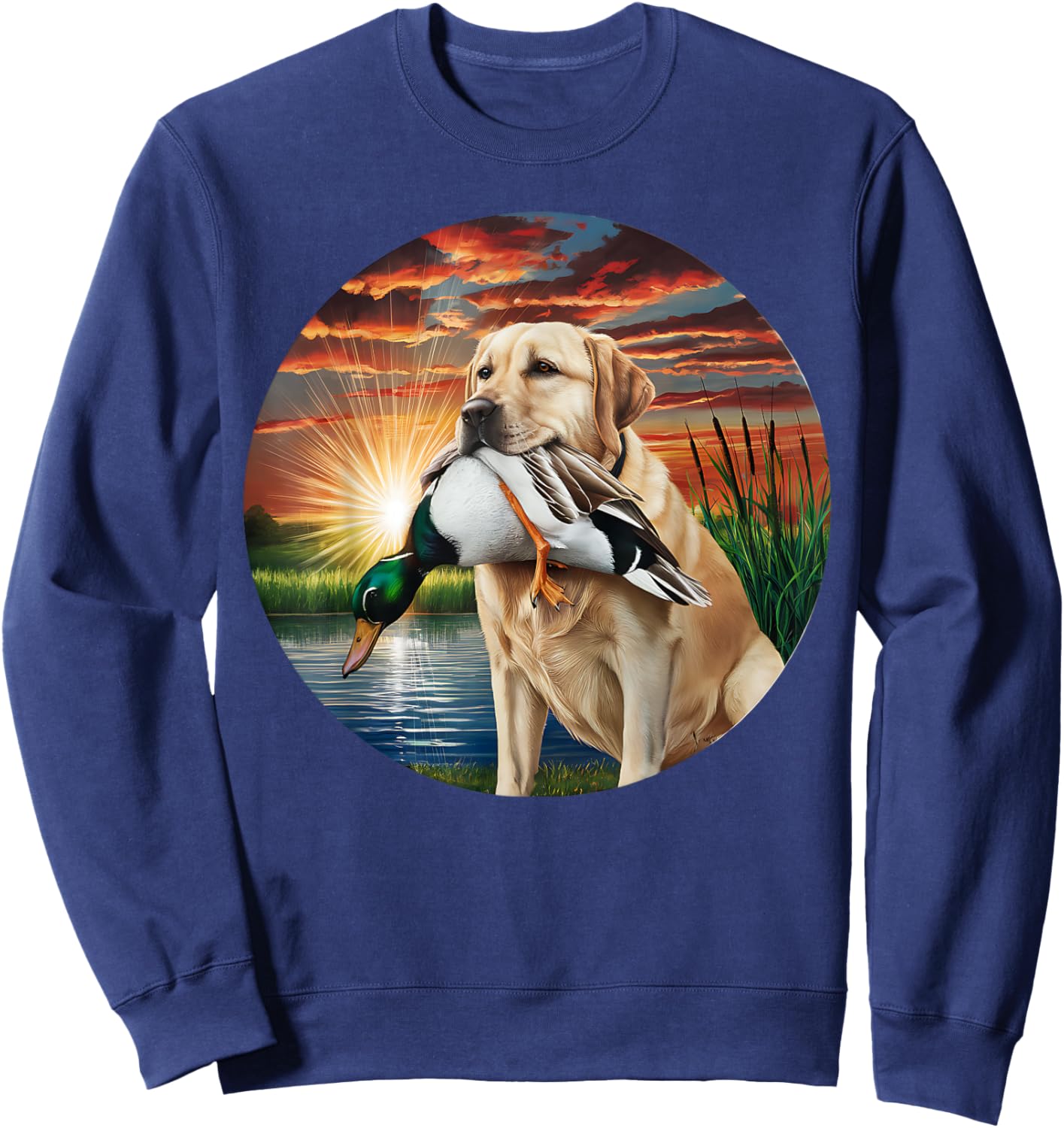 A Hunting Labrador Retriever dog with a duck in the sunset. Women Sweatshirt - Sweatshirt | Navy