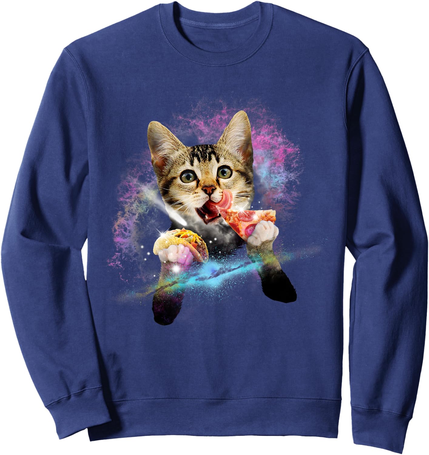 Galaxy Cat Rules Space With Taco And Pizza Power Gift Sweatshirt - Sweatshirt | Navy
