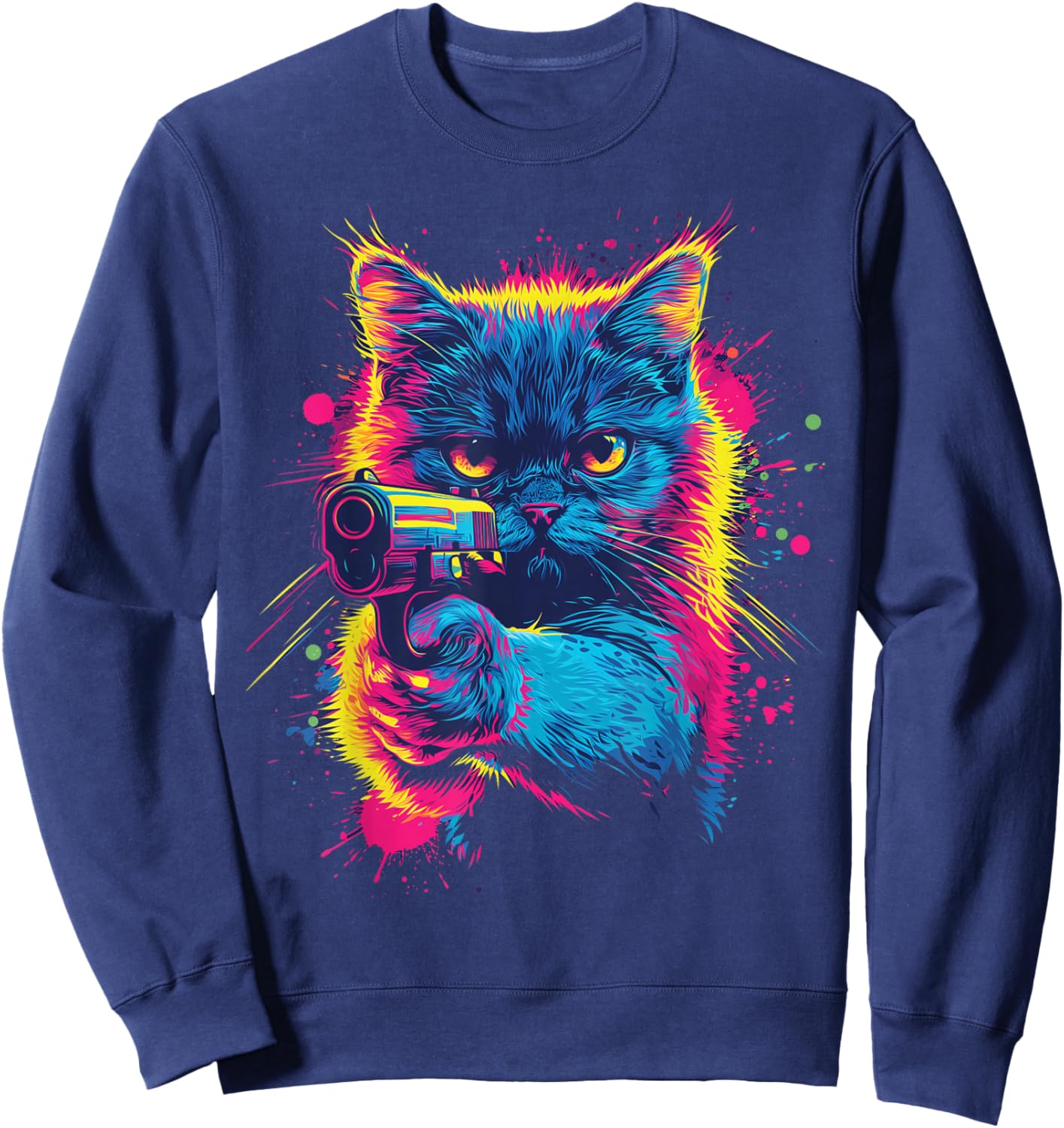 Dinosaurus Rekx Funny Cat With a Gun Graphic , Small, Black Sweatshirt - Sweatshirt | Navy
