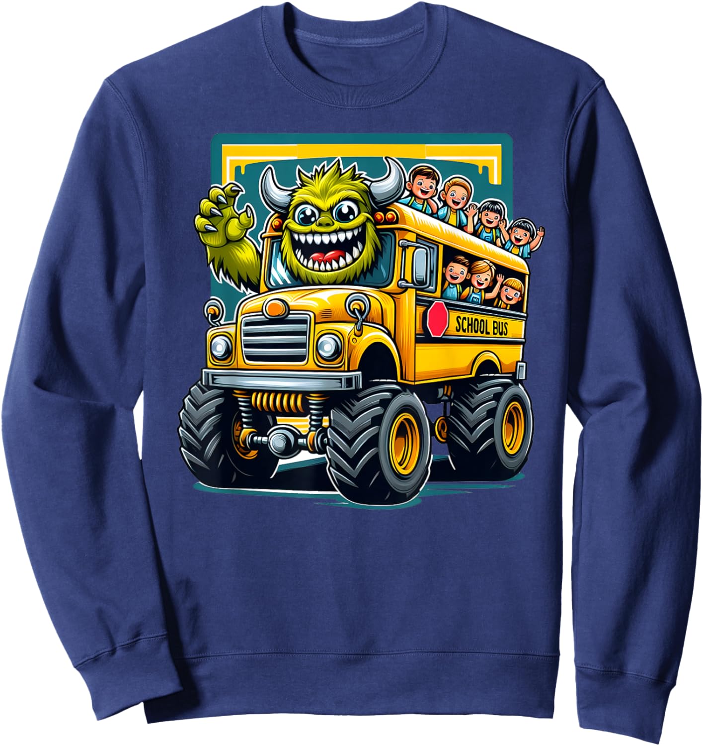Monster Truck School Bus Illustration Funny Back To School Sweatshirt - Sweatshirt | Navy