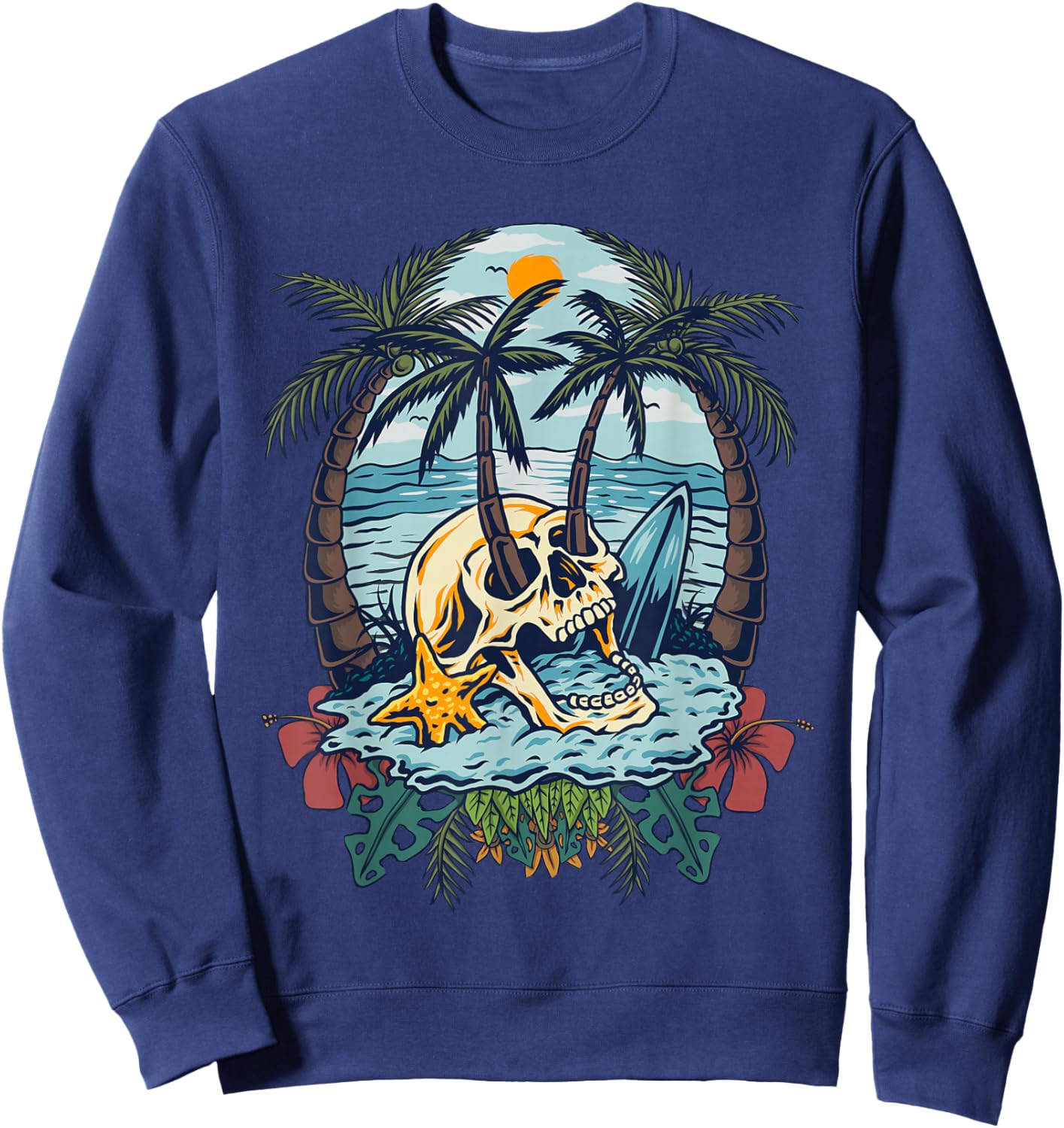 Vintage Palm Tree Skull Summer Beach Men Motorcycle Tattoo Sweatshirt - Sweatshirt | Navy