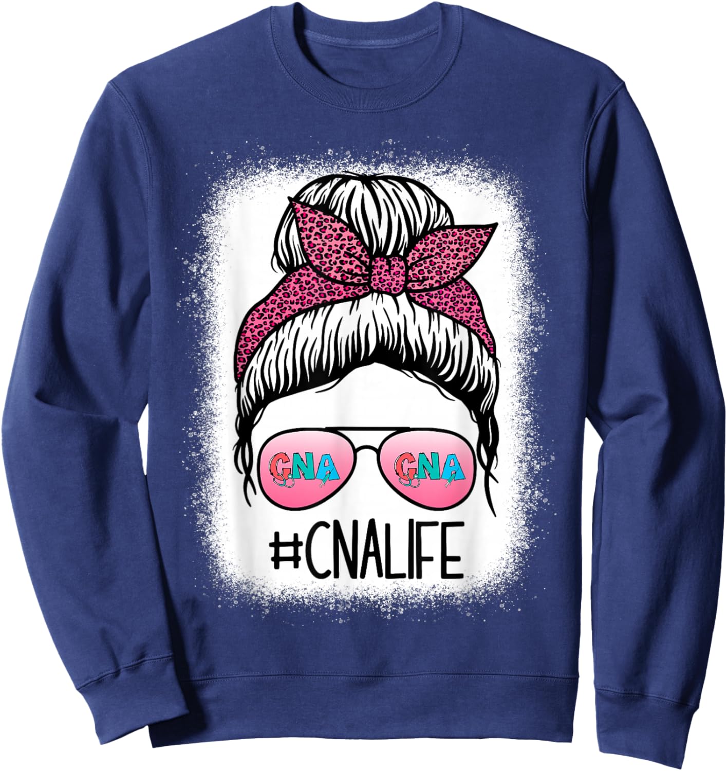 CNA Nurse Life Bleached Shirts Leopard Messy Bun Women Sweatshirt - Sweatshirt | Navy