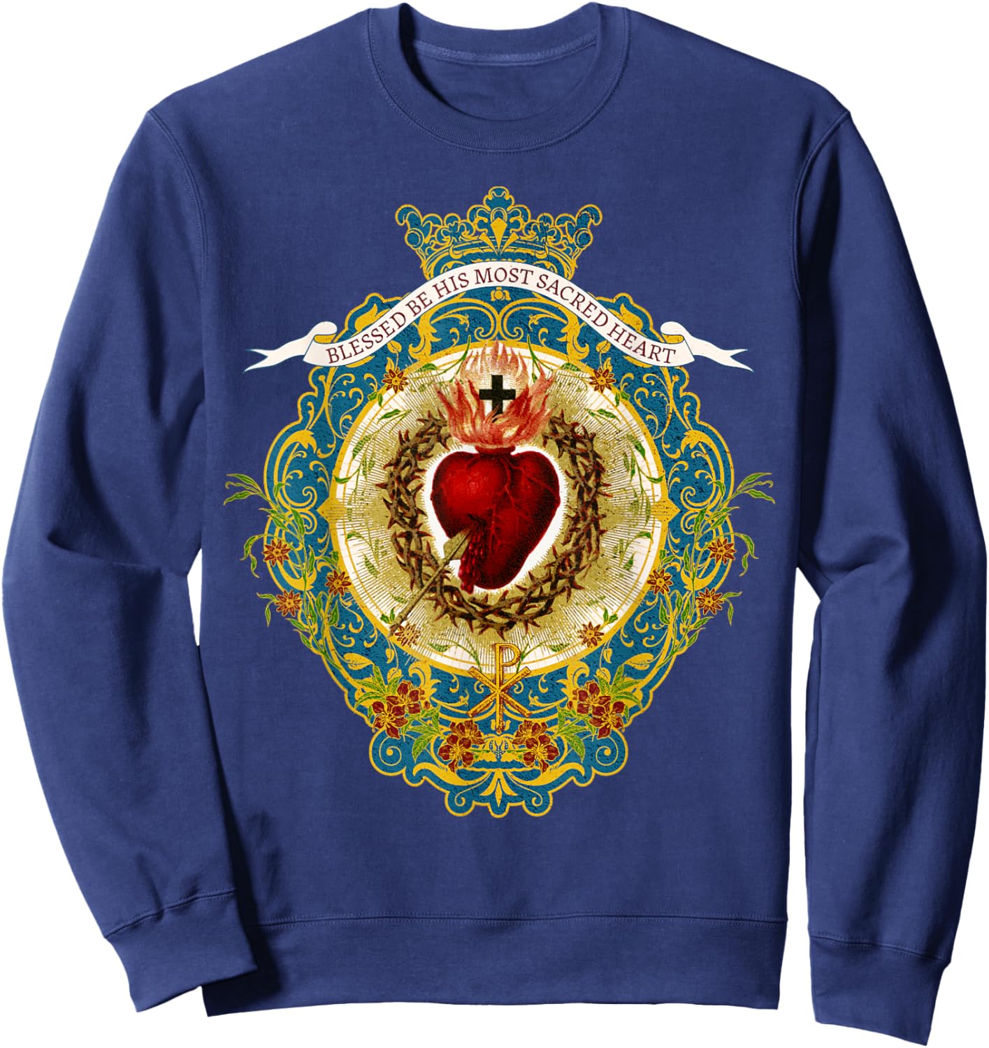 Sacred Heart of Jesus Symbol Divine Praises Vintage Catholic Sweatshirt - Sweatshirt | Navy