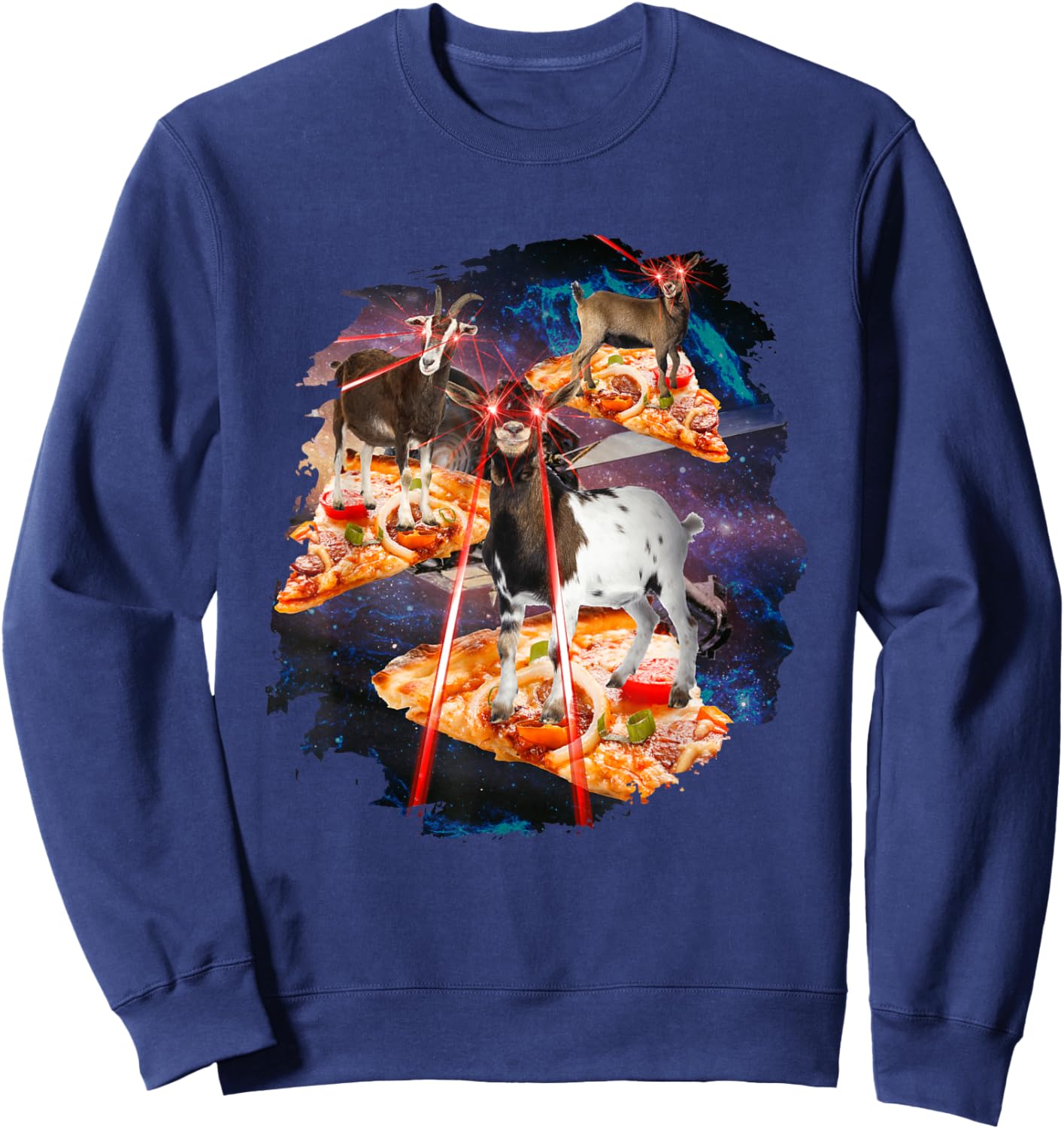 Goat with laser eyes, goats, house goat, laser space, pizza Sweatshirt - Sweatshirt | Navy