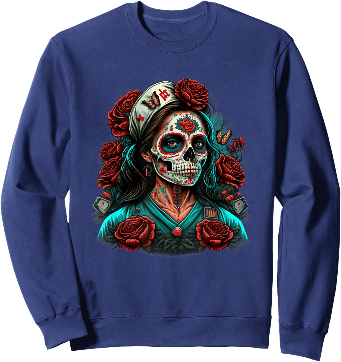 Sugar Skull Nurse Doctor's Aid Sweatshirt - Sweatshirt | Navy