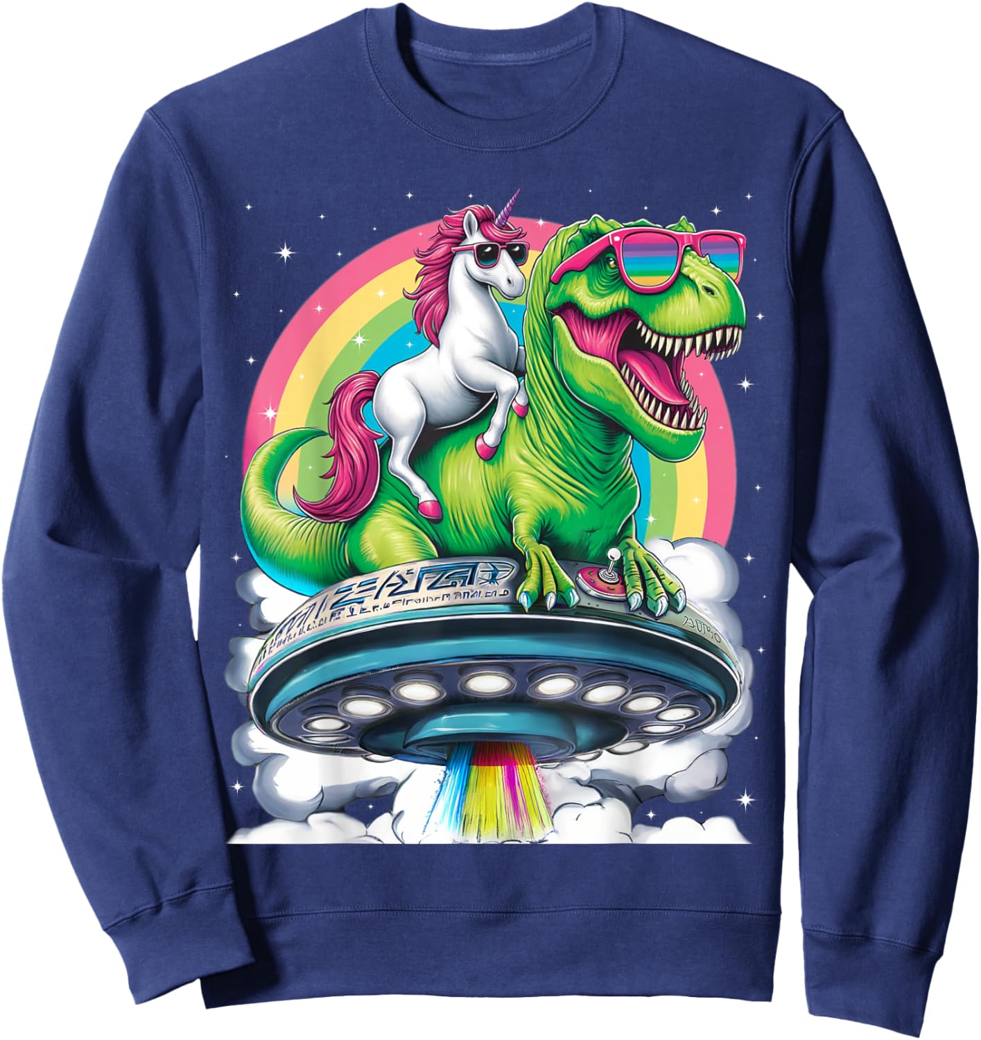 Unicorn Riding T Rex UFO Dinosaur Boy Girl Men Women Rainbow Sweatshirt - Sweatshirt | Navy
