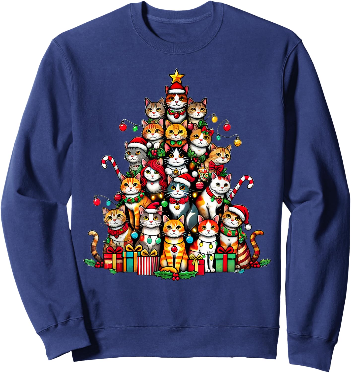 Cat Kitten Christmas Tree Funny Cat Xmas Sweatshirt - Sweatshirt | Navy