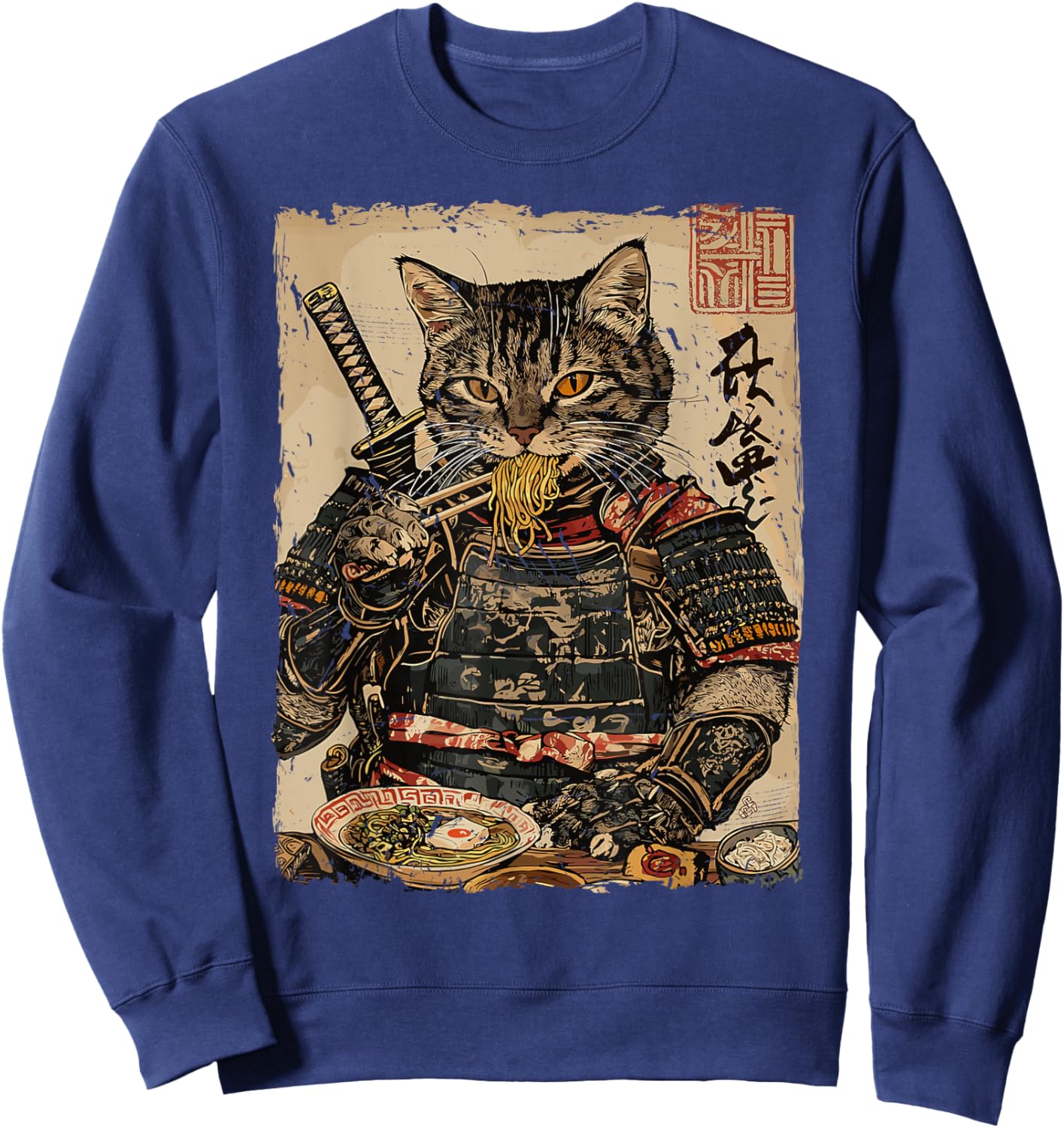 Samurai Cat Loves Ramen Funny Anime Japanese Artwork Samurai Sweatshirt - Sweatshirt | Navy