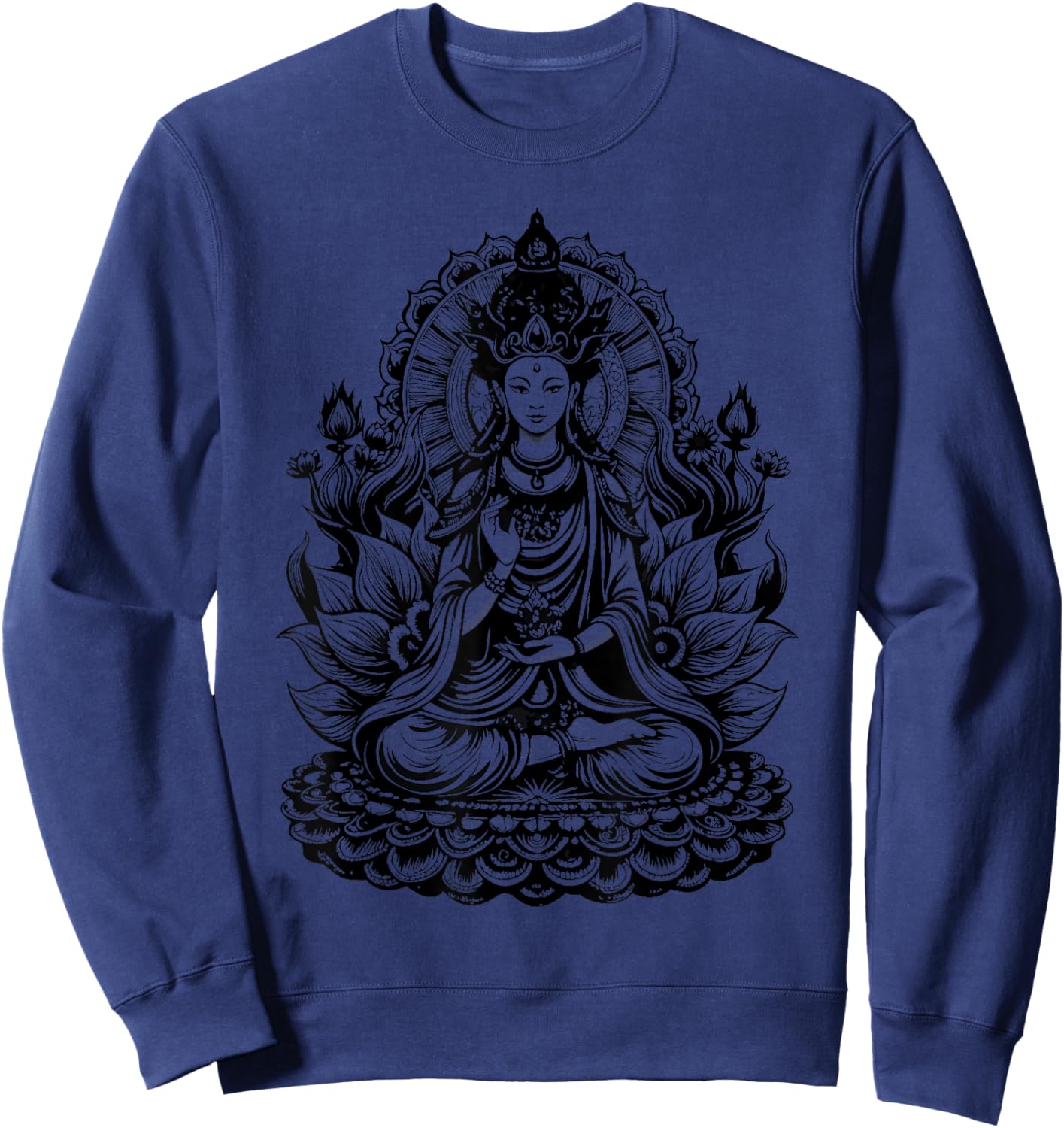 Vintage Spiritual Design Quan Yin Chinese Goddess of Compassion Kwan Yin Lotus , Small, Grey Sweatshirt - Sweatshirt | Navy