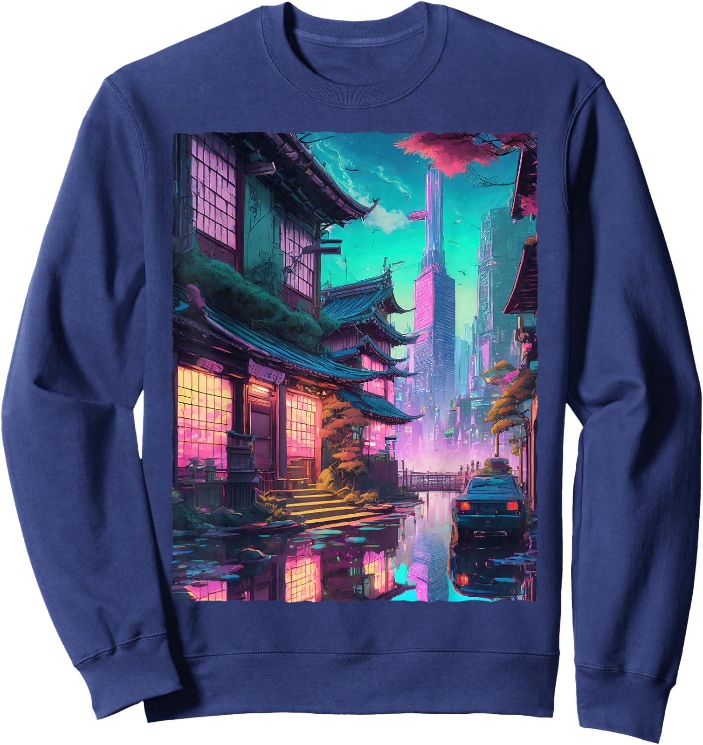 Japanese Streetwear Synthwave Vaporwave City Retro Aesthetic Sweatshirt - Sweatshirt | Navy