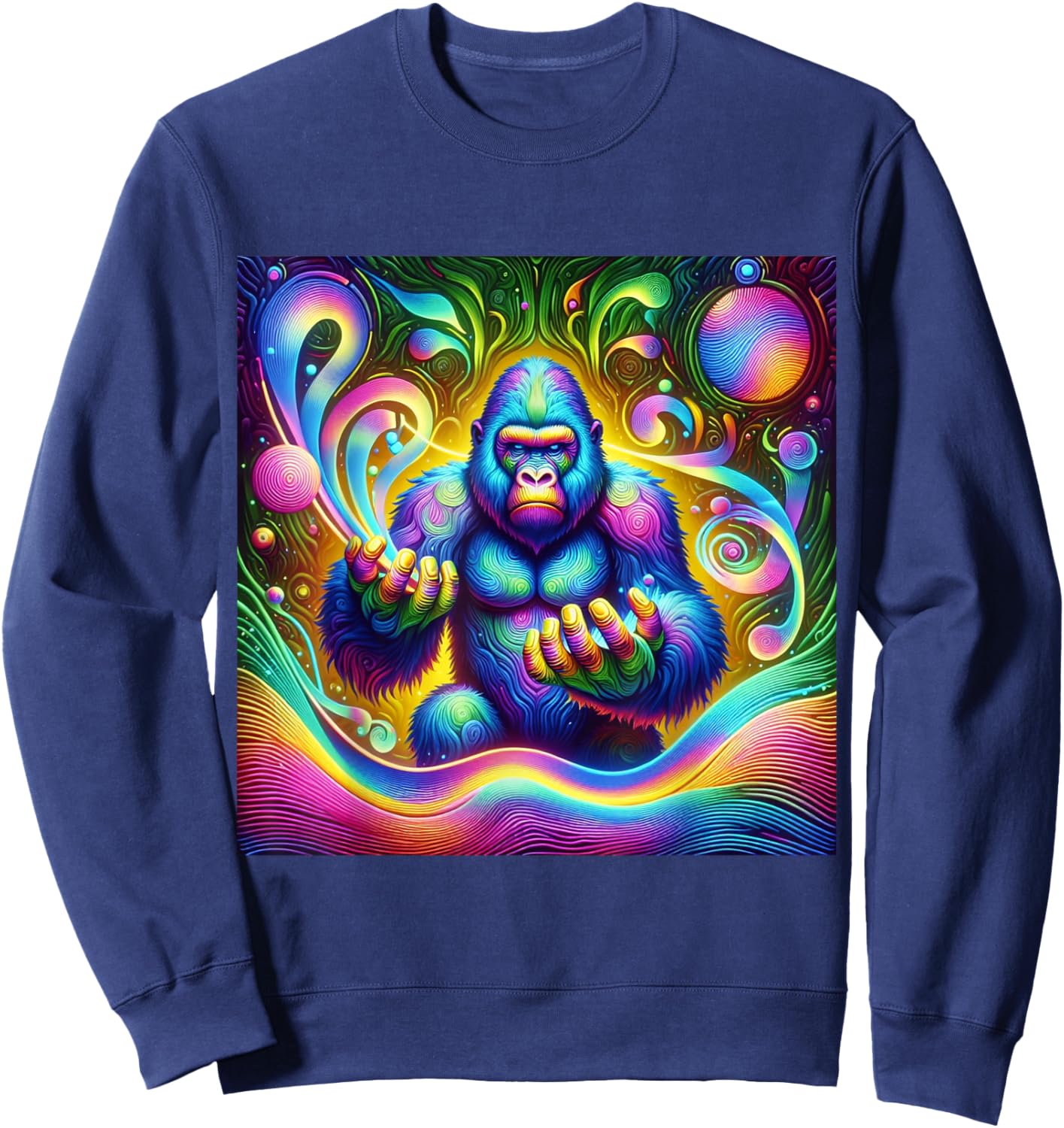 Psychedelic Gorilla Rainbow EDM Vibes Festival Rave Graphic Sweatshirt - Sweatshirt | Navy