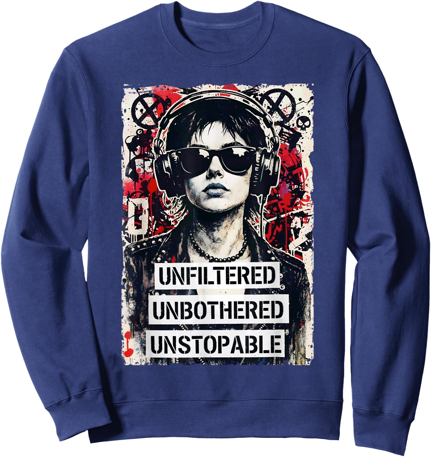 Punk Girl 90s Grunge Urban Street Art Vintage Distressed Sweatshirt - Sweatshirt | Navy