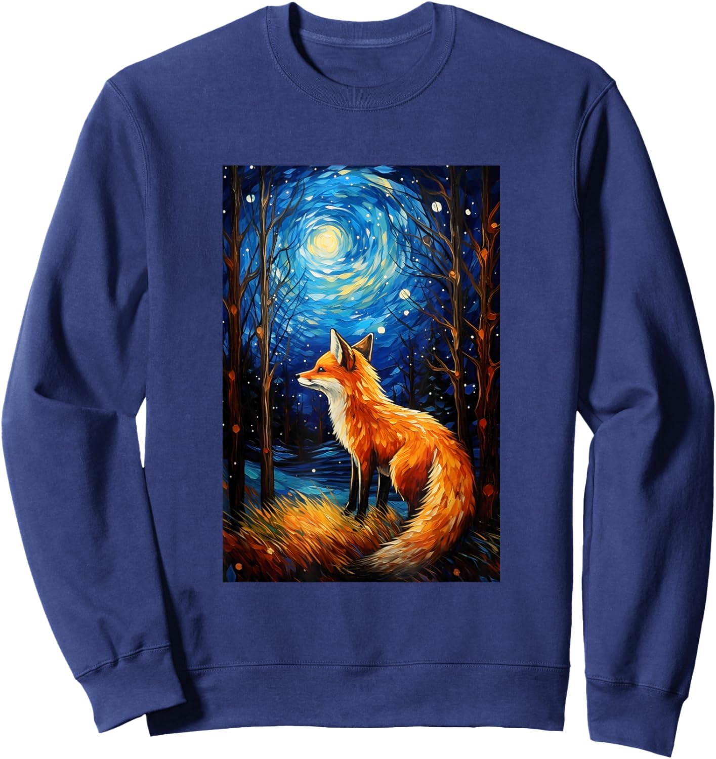 Cute Fox Van Gogh Style Starry Night Graphic Sweatshirt - Sweatshirt | Navy