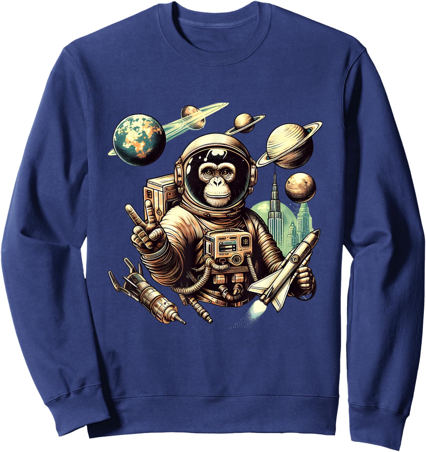 Space Vintage Travel Astronaut Monkey Holding Spaceship Sweatshirt - Sweatshirt | Navy