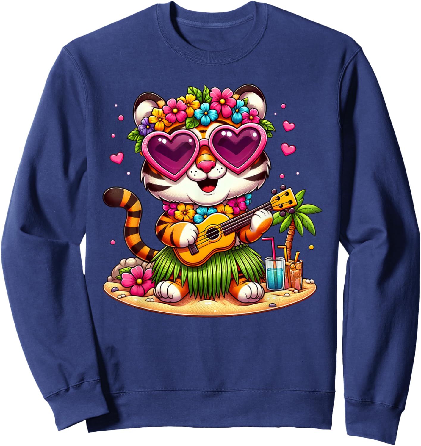 Funny Tiger Hawaiian Costume Kids Summer Vacation Tiger Sweatshirt - Sweatshirt | Navy