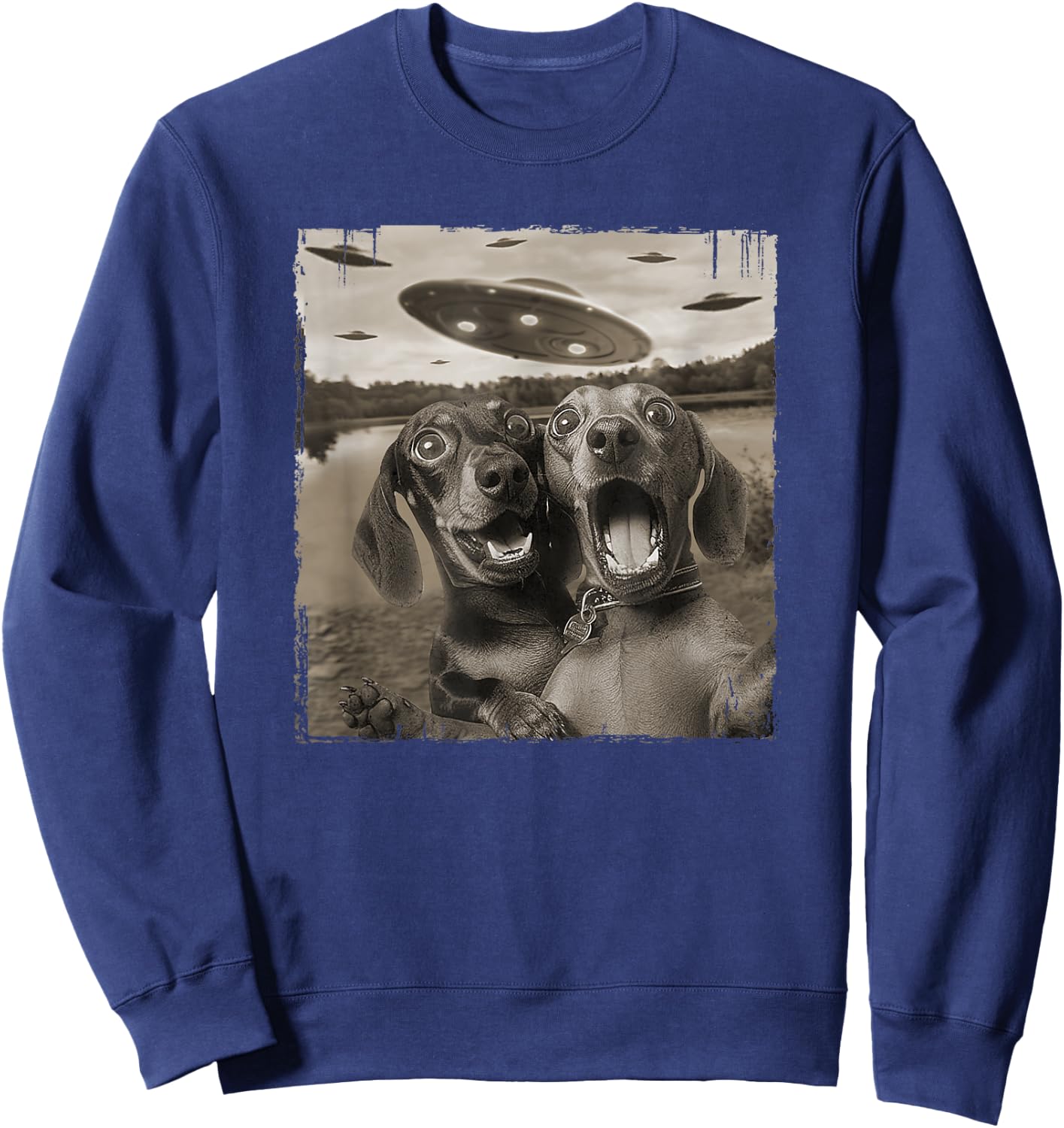 Vintage Weiner UFO Encounters Funny UFO and Dachshund Selfie Sweatshirt - Sweatshirt | Navy