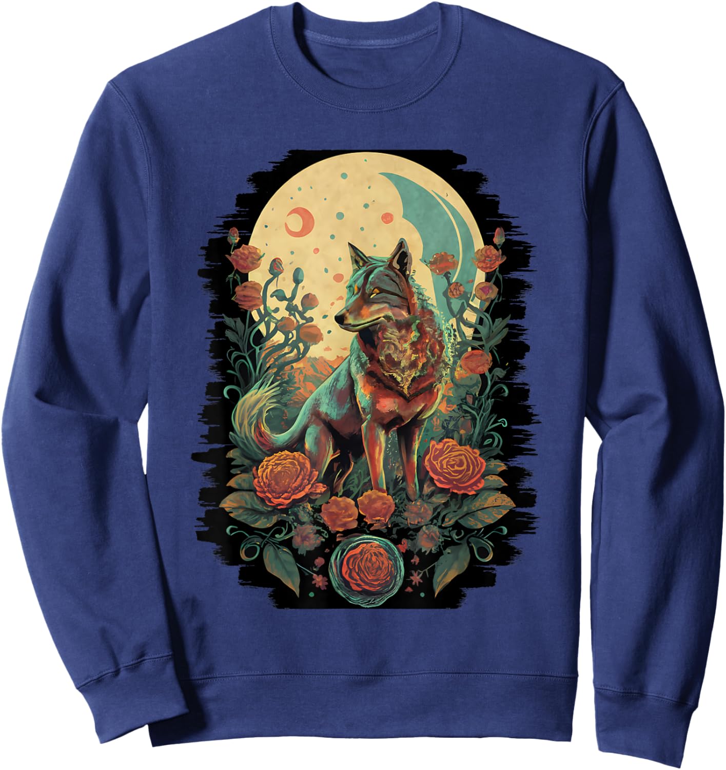 Botanical Wolf Women Roses Full Moon Children Floral Wolf Sweatshirt - Sweatshirt | Navy