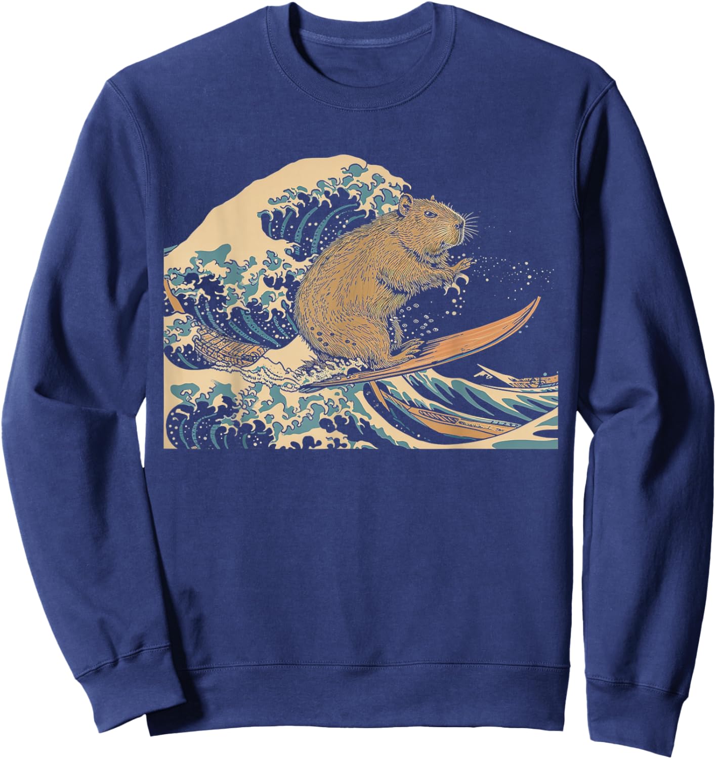 Capybara Surfing Japanese Wave Surfer Animal Funny Capybara Sweatshirt - Sweatshirt | Navy
