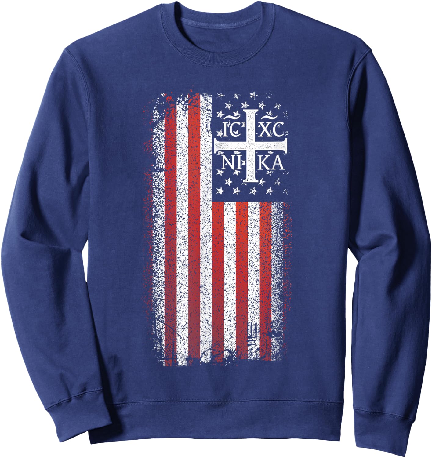 ICXC NIKA Christogram Cross American Flag Christian Sweatshirt - Sweatshirt | Navy