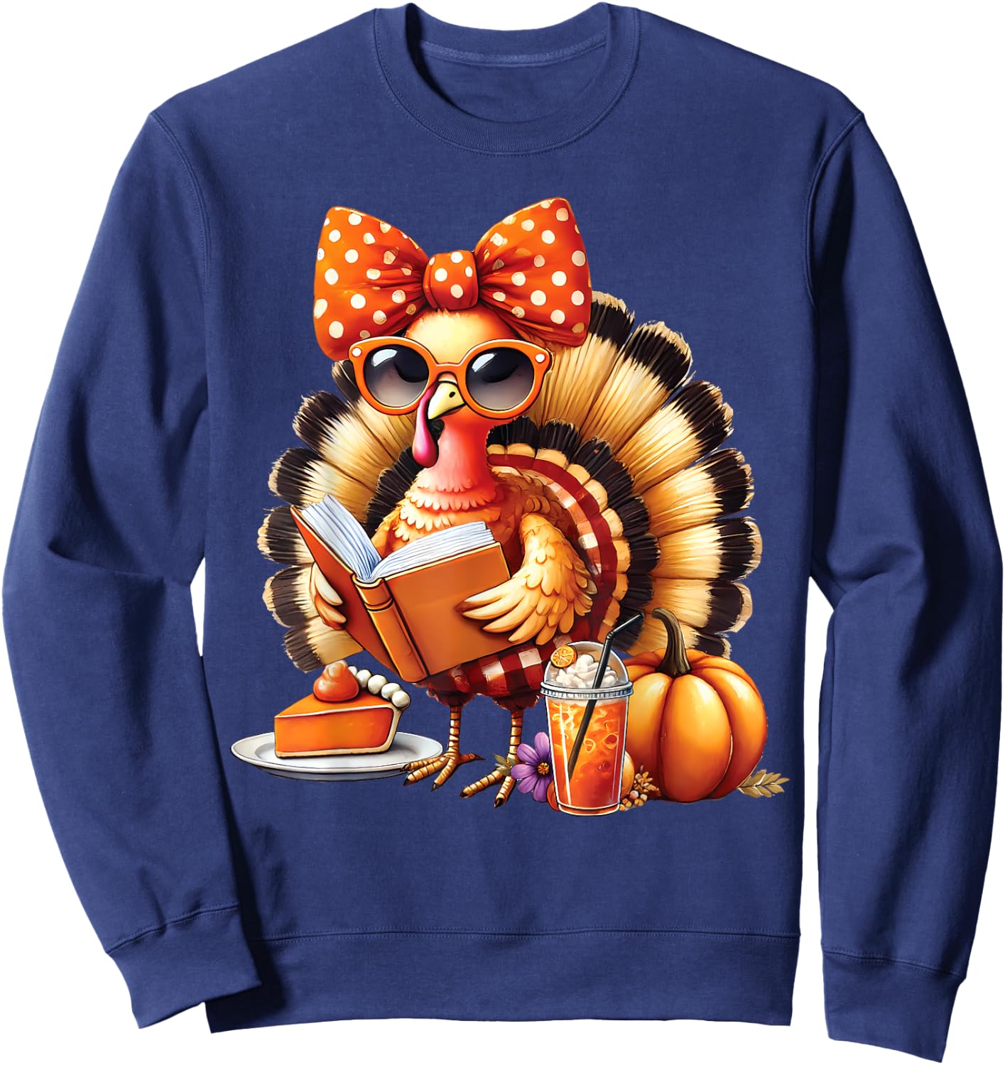 Cute Turkey Reading Book Lovers Thanksgiving Bow Sweatshirt - Sweatshirt | Navy