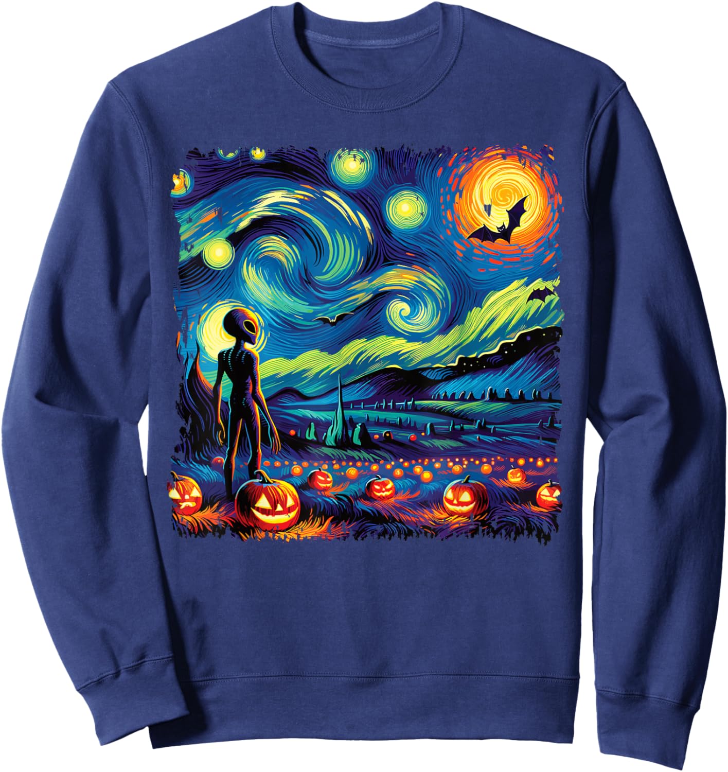 Van Gogh Starry Night Alien Man Halloween Fall Pumpkin Bats Sweatshirt - Sweatshirt | Navy