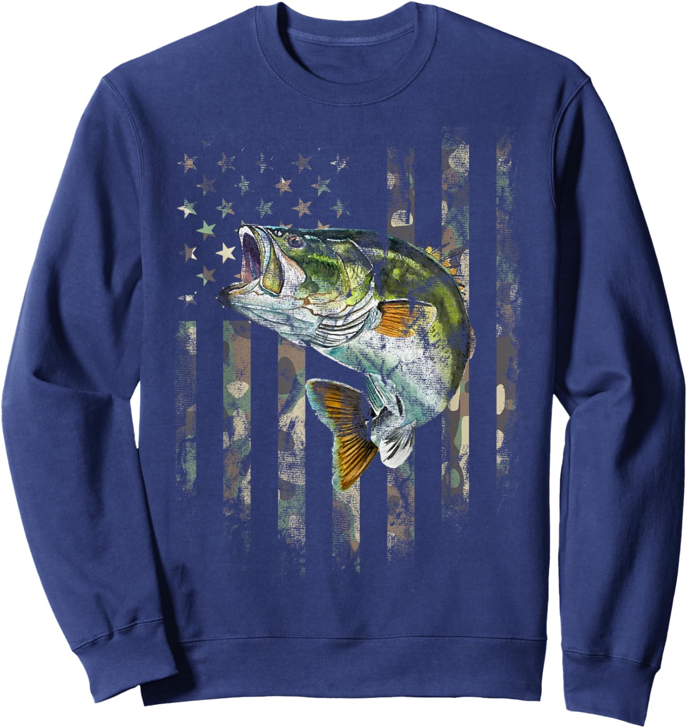 Camo American Flag Bass Fishing Fishermen Patriotic USA Flag Sweatshirt - Sweatshirt | Navy