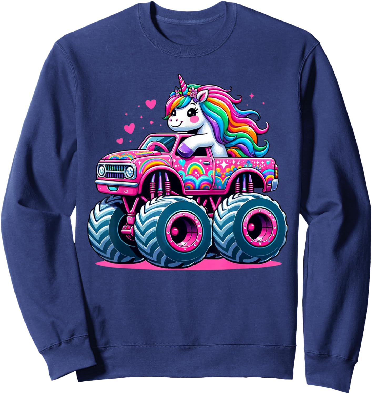 Funny Cute Unicorn Riding A Pink Monster Truck Sweatshirt - Sweatshirt | Navy