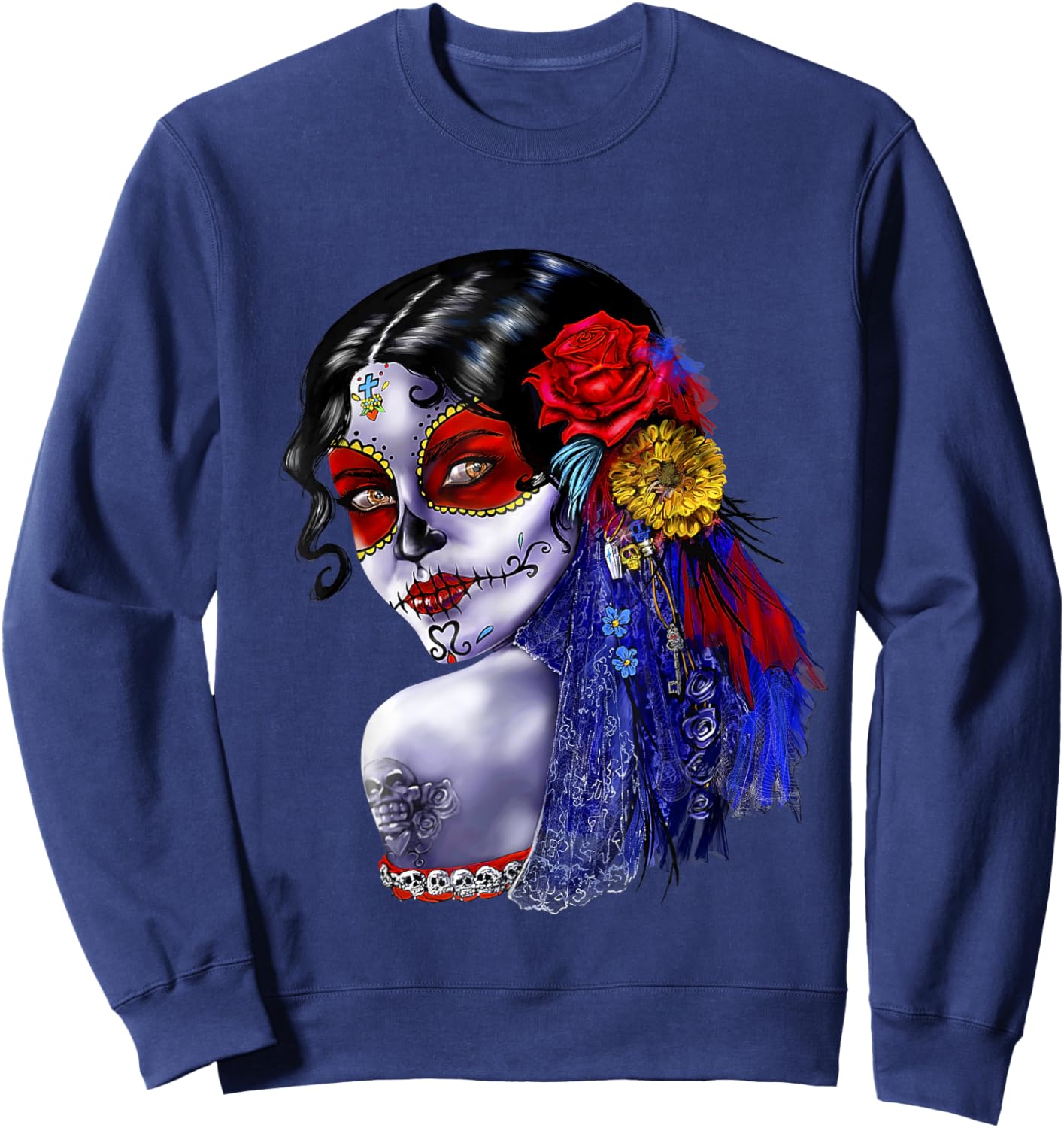 Day Of The Dead Beauty With Flowers Sweatshirt - Sweatshirt | Navy