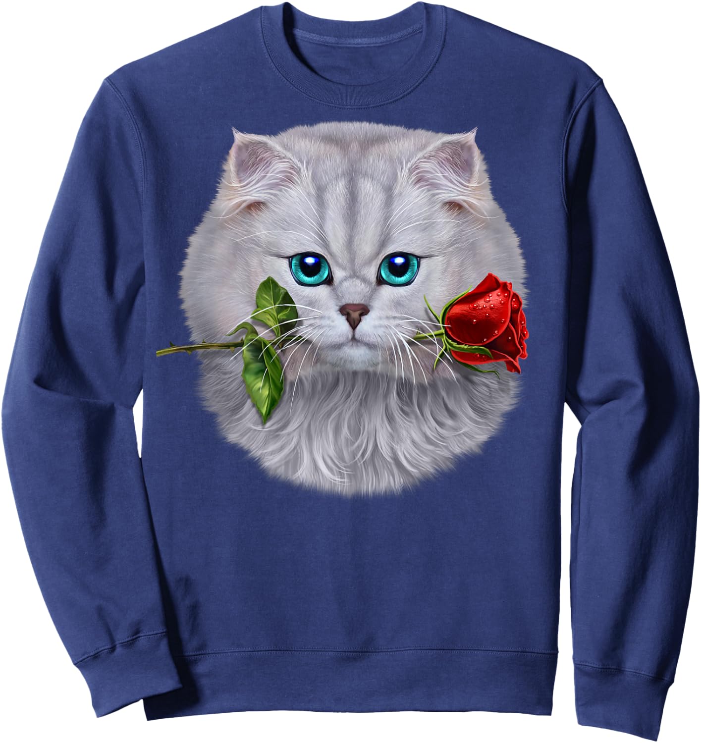 Romantic Fluffy White Cat Biting on a Rose Flower Sweatshirt - Sweatshirt | Navy