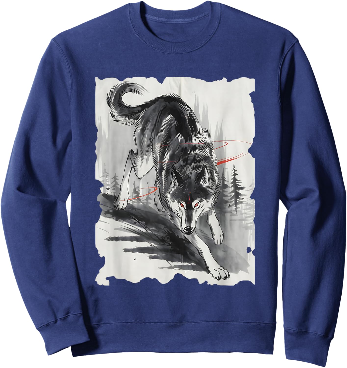 Wolf Sumi-e Graphic - Vintage Japanese Art Wolf Lover Sweatshirt - Sweatshirt | Navy
