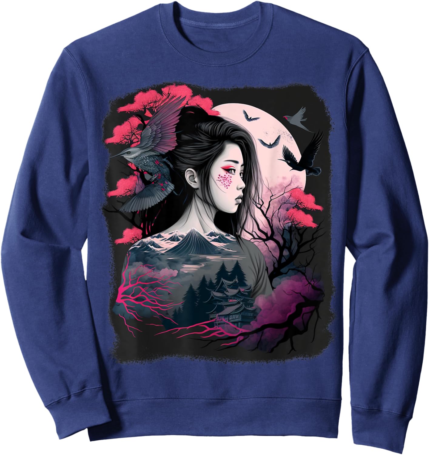 Japanese Samurai Girl Sakura Cherry Blossom Aesthetic Moon Sweatshirt - Sweatshirt | Navy