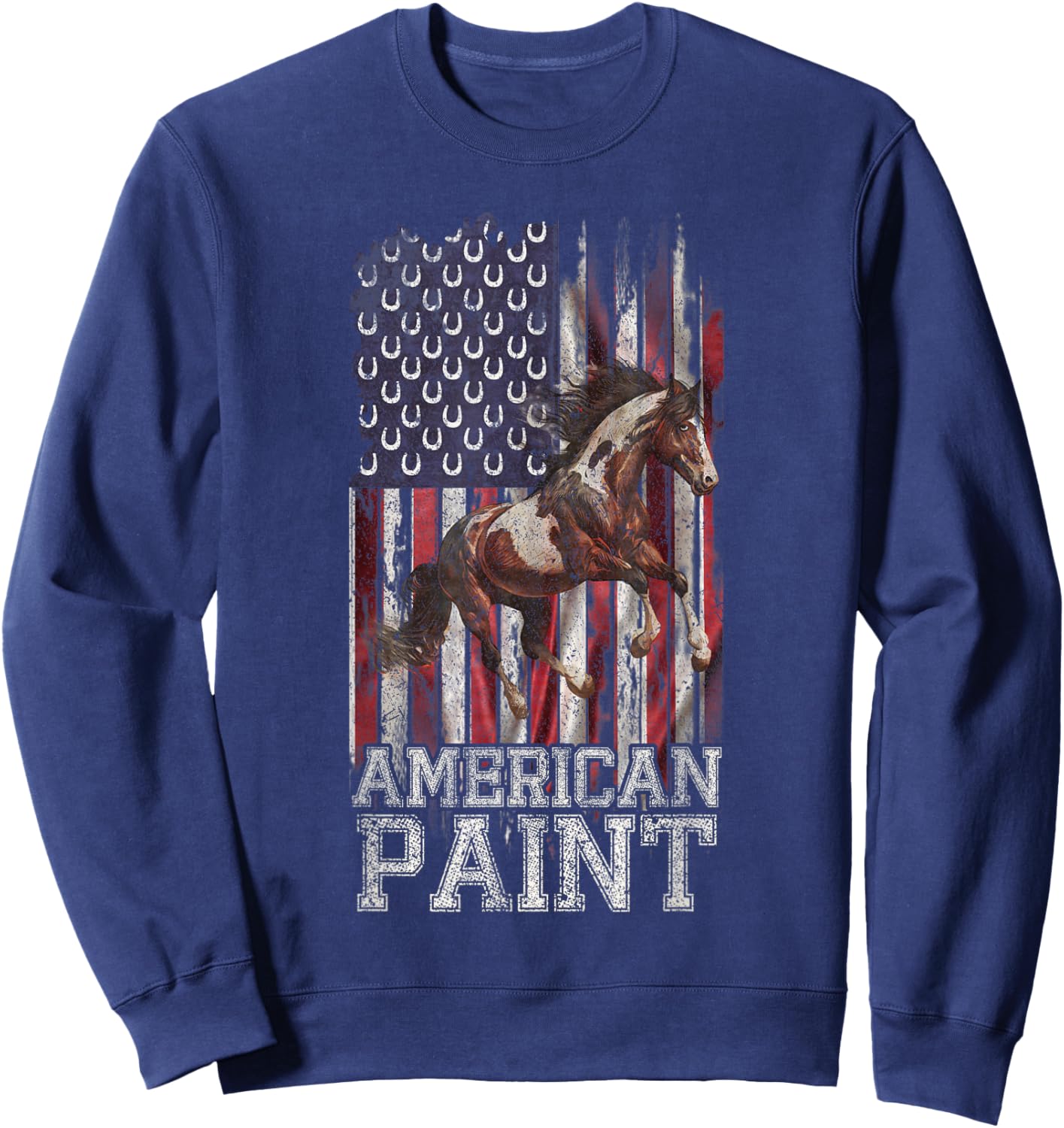 Vintage US Flag American Paint Horse Lover, Horseback Riding Sweatshirt - Sweatshirt | Navy