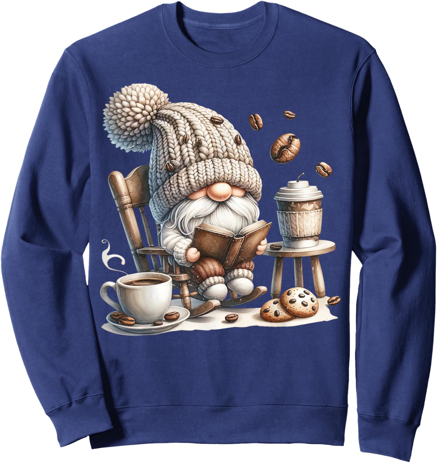 Vintage Cute Gnome Reading Book Coffee Cute Gnome Graphic Sweatshirt - Sweatshirt | Navy
