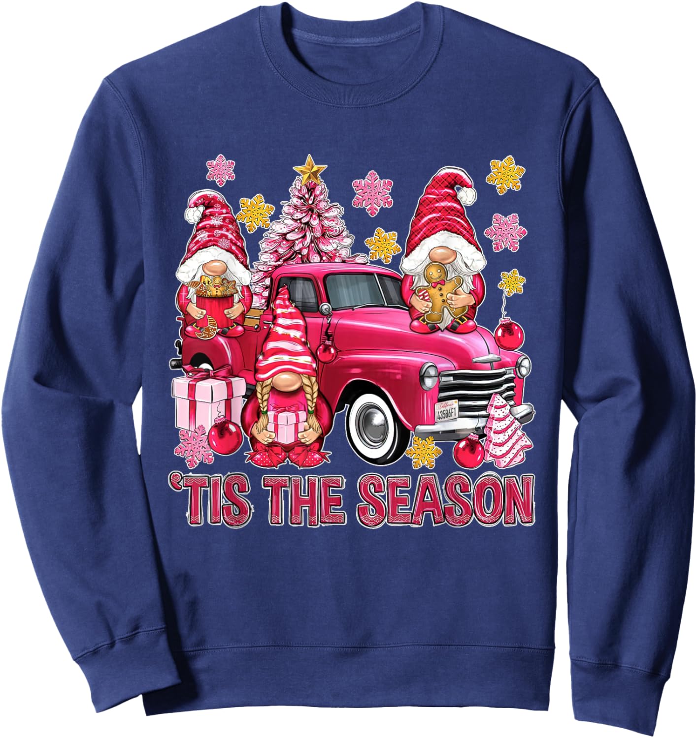 Tis The Season Pink Christmas Gnomes Pink Truck Xmas Holiday Sweatshirt - Sweatshirt | Navy