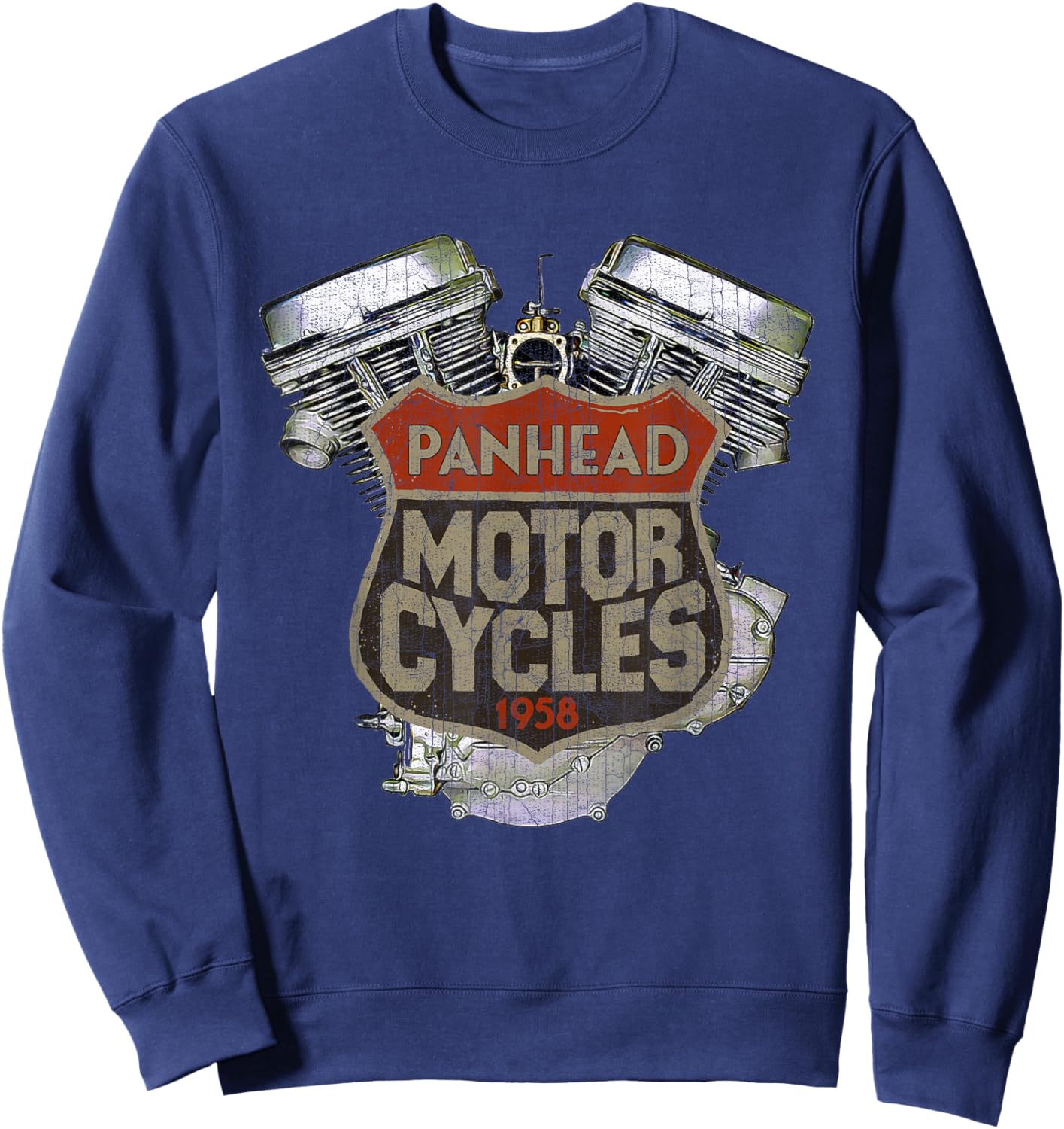 1958 Panhead Motorcycle Vintage Distressed Biker Chopper Rat Sweatshirt - Sweatshirt | Navy